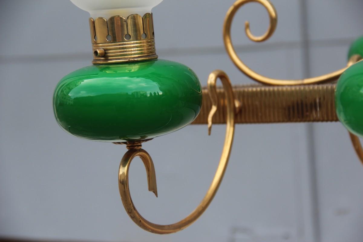Mid-Century Italian Chandelier Brass Green Glass 1950 Gold Crystal For Sale 2