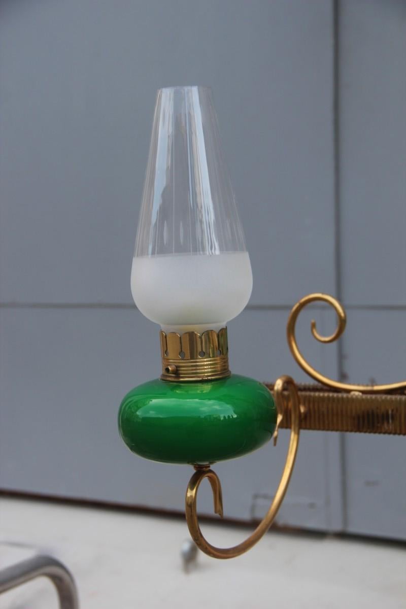 Mid-Century Italian Chandelier Brass Green Glass 1950 Gold Crystal For Sale 3