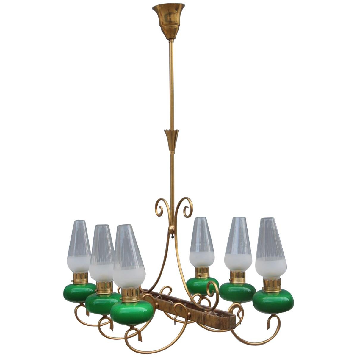 Mid-Century Italian Chandelier Brass Green Glass 1950 Gold Crystal For Sale