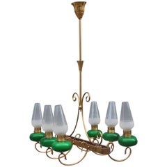 Lampadario italiano di metà secolo in ottone Greene & Greene 1950 in cristallo dorato