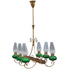 Mid-Century Italian Chandelier Brass Green Glass 1950 Gold Crystal