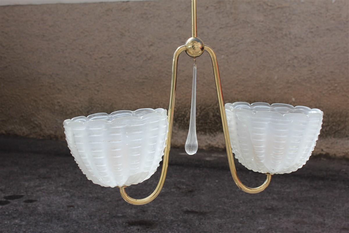 Midcentury Italian chandelier curved brass Murano cup satin finish gold.
2 light bulbs E27 Max 100 watt each.