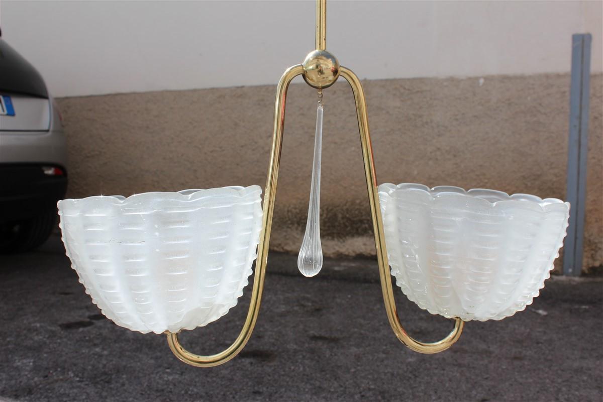 Midcentury Italian Chandelier Curved Brass Murano Cup Satin Gold Barovier  For Sale 2
