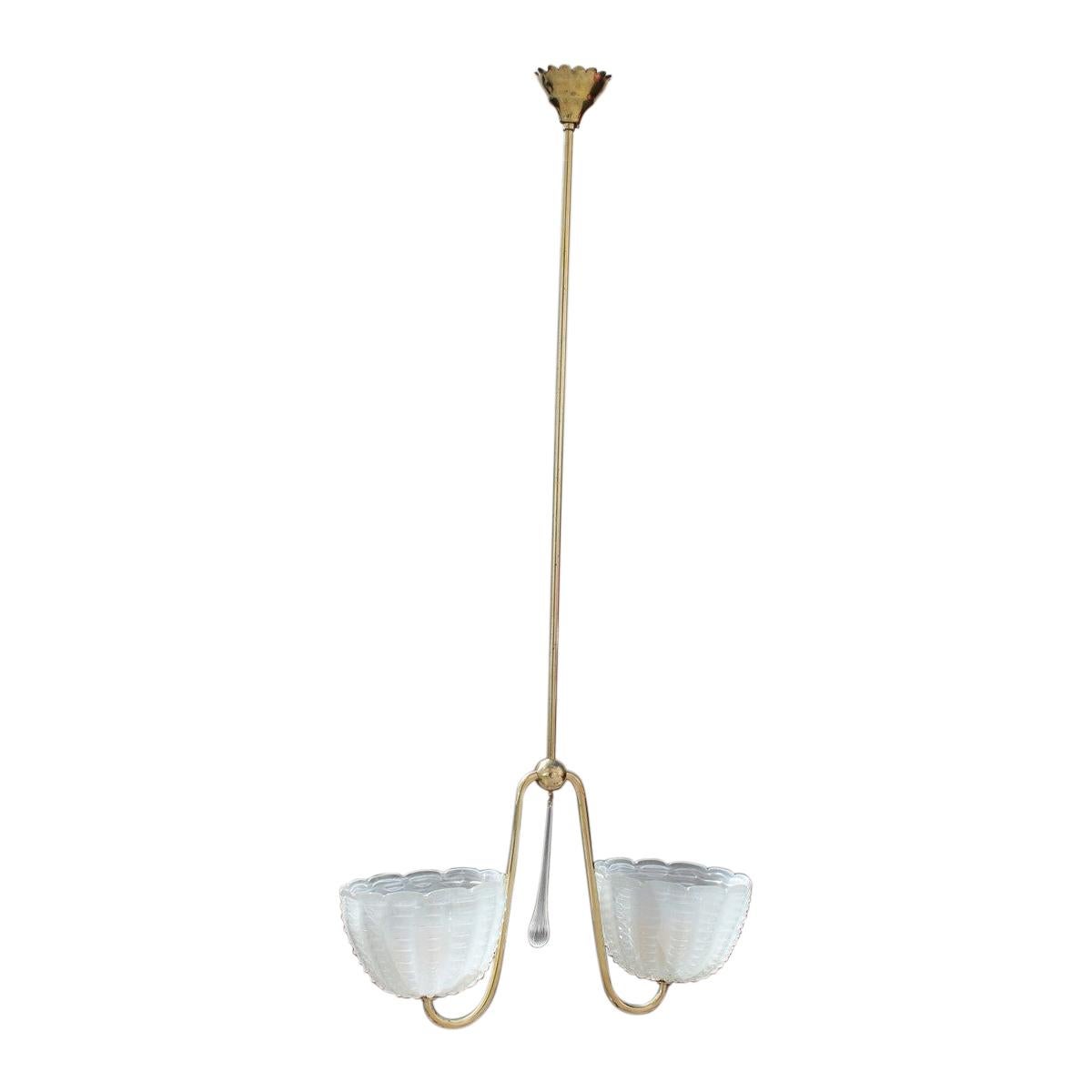 Midcentury Italian Chandelier Curved Brass Murano Cup Satin Gold Barovier  For Sale