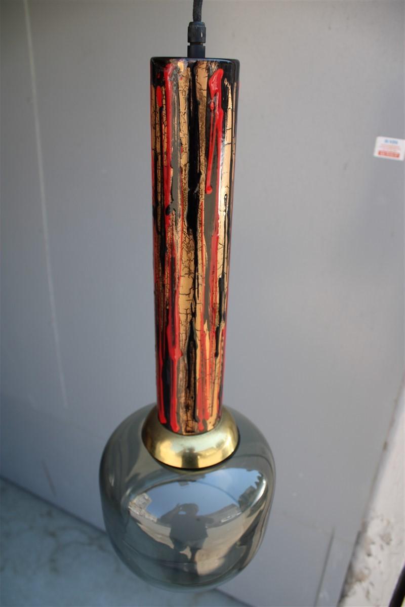 Midcentury Italian Chandelier Enamel Glass Laurana Art 1950s Gold Black Red For Sale 4