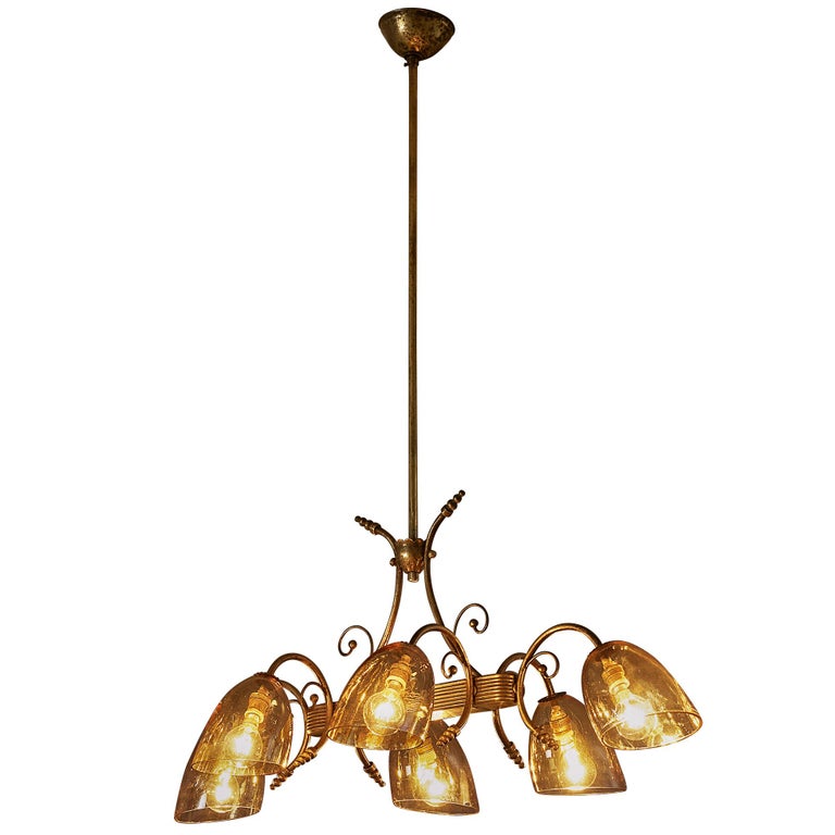 Mid-Century Italian Chandelier in Brass with Amber Glass Shades
