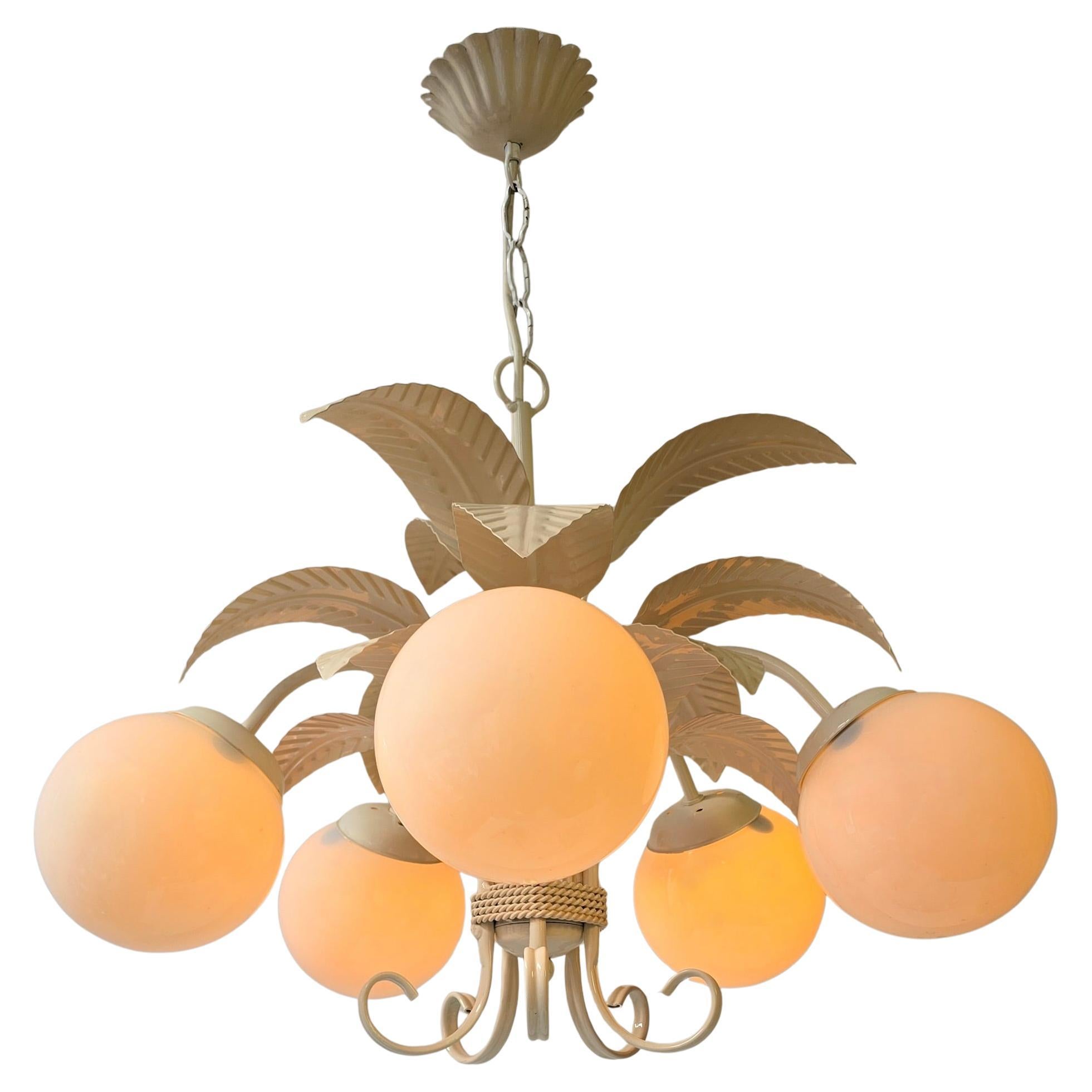 20th Century Mid-Century Italian Chandelier in Cream White with Opaline Glass For Sale