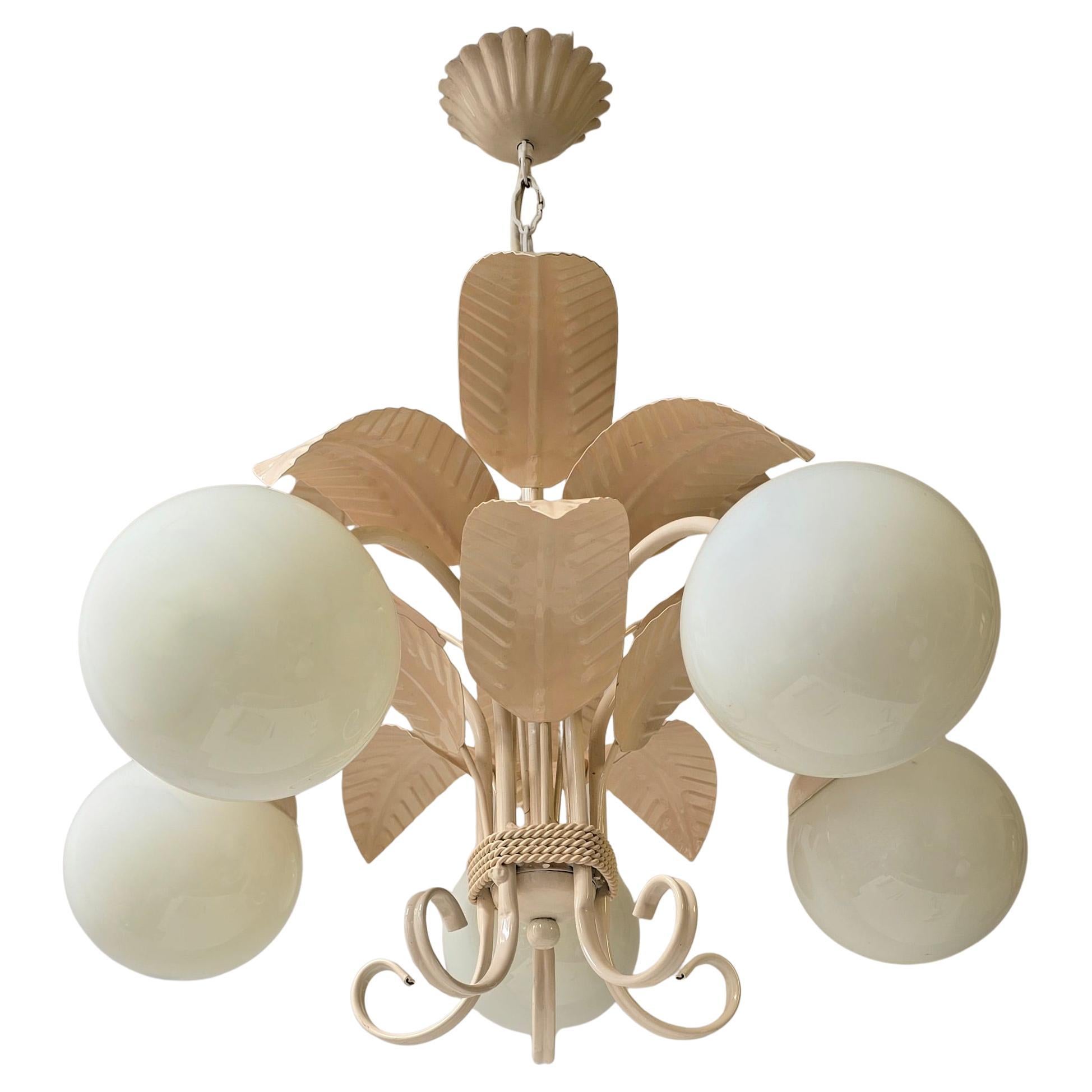 Metal Mid-Century Italian Chandelier in Cream White with Opaline Glass For Sale