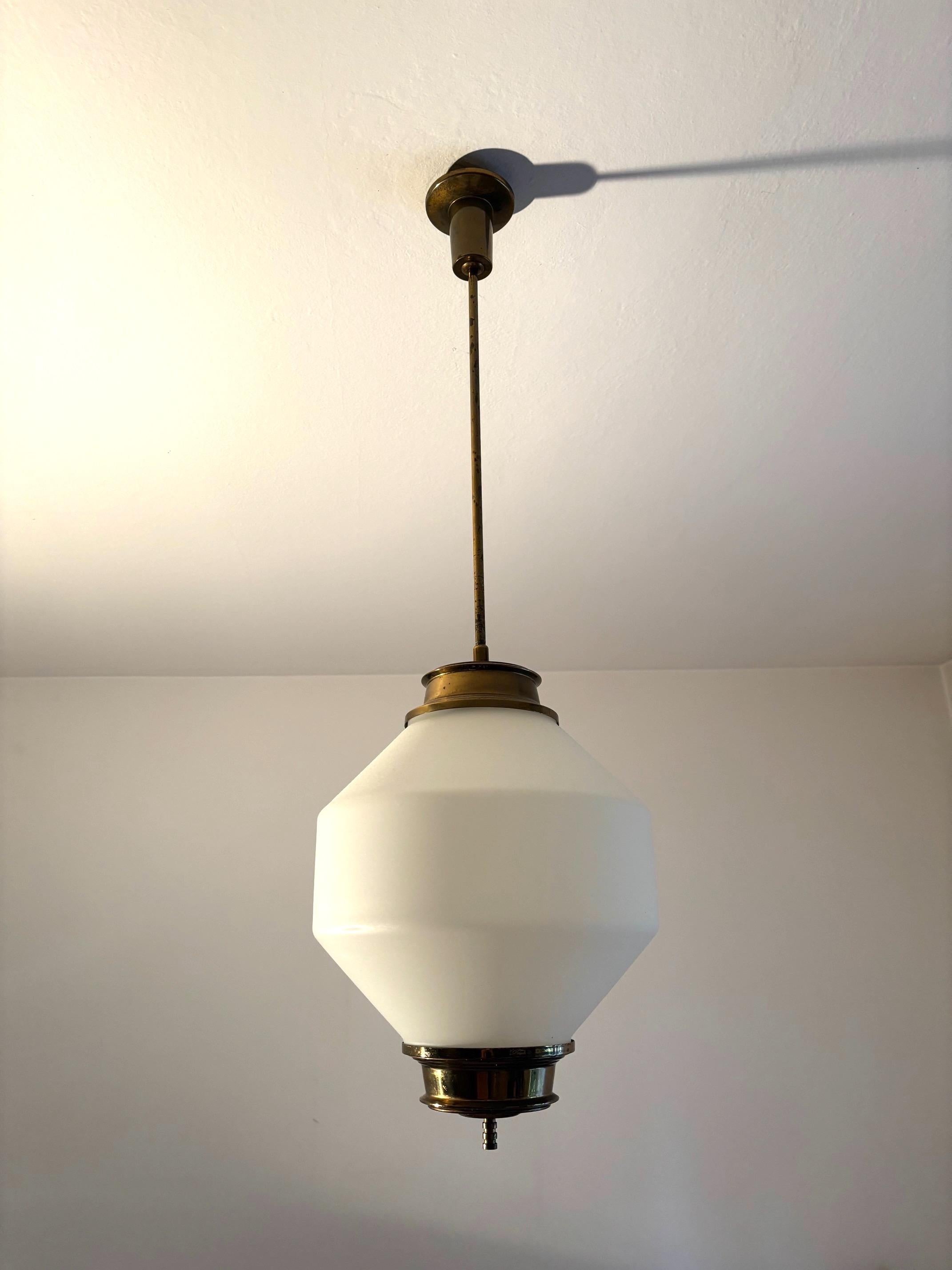 Mid-Century Italian Brass and Opal Glass Chandelier from an Important Italian House