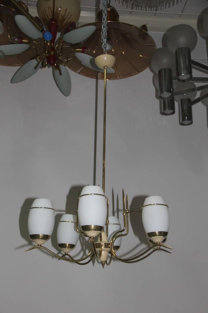Mid-20th Century Mid-Century Italian Chandelier Stilnovo Style Brass Lacquered Murano Glass  For Sale