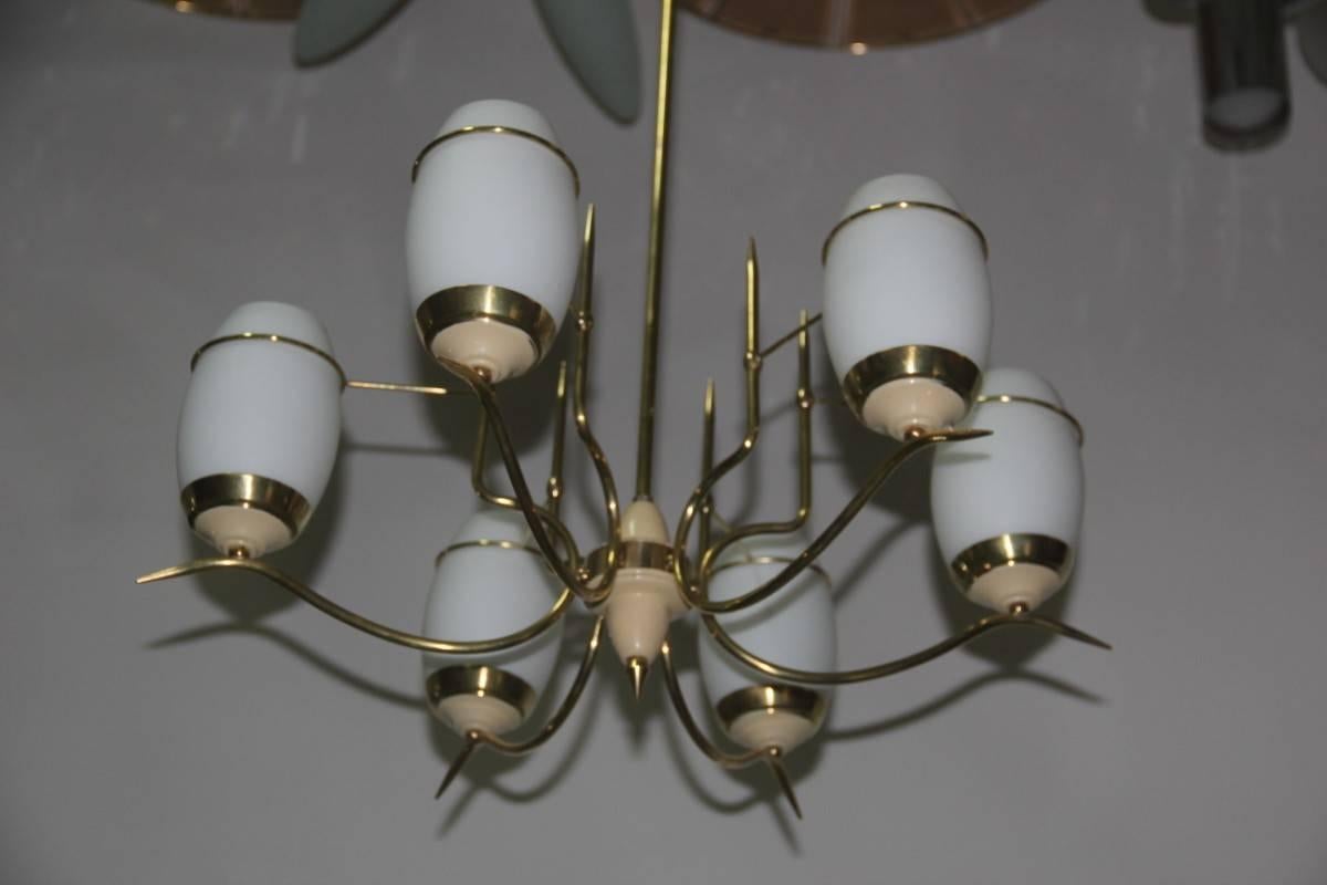 Mid-Century Italian Chandelier Stilnovo Style Brass Lacquered Murano Glass  For Sale 1