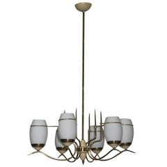 Mid-Century Italian Chandelier Stilnovo Style Brass Lacquered Murano Glass
