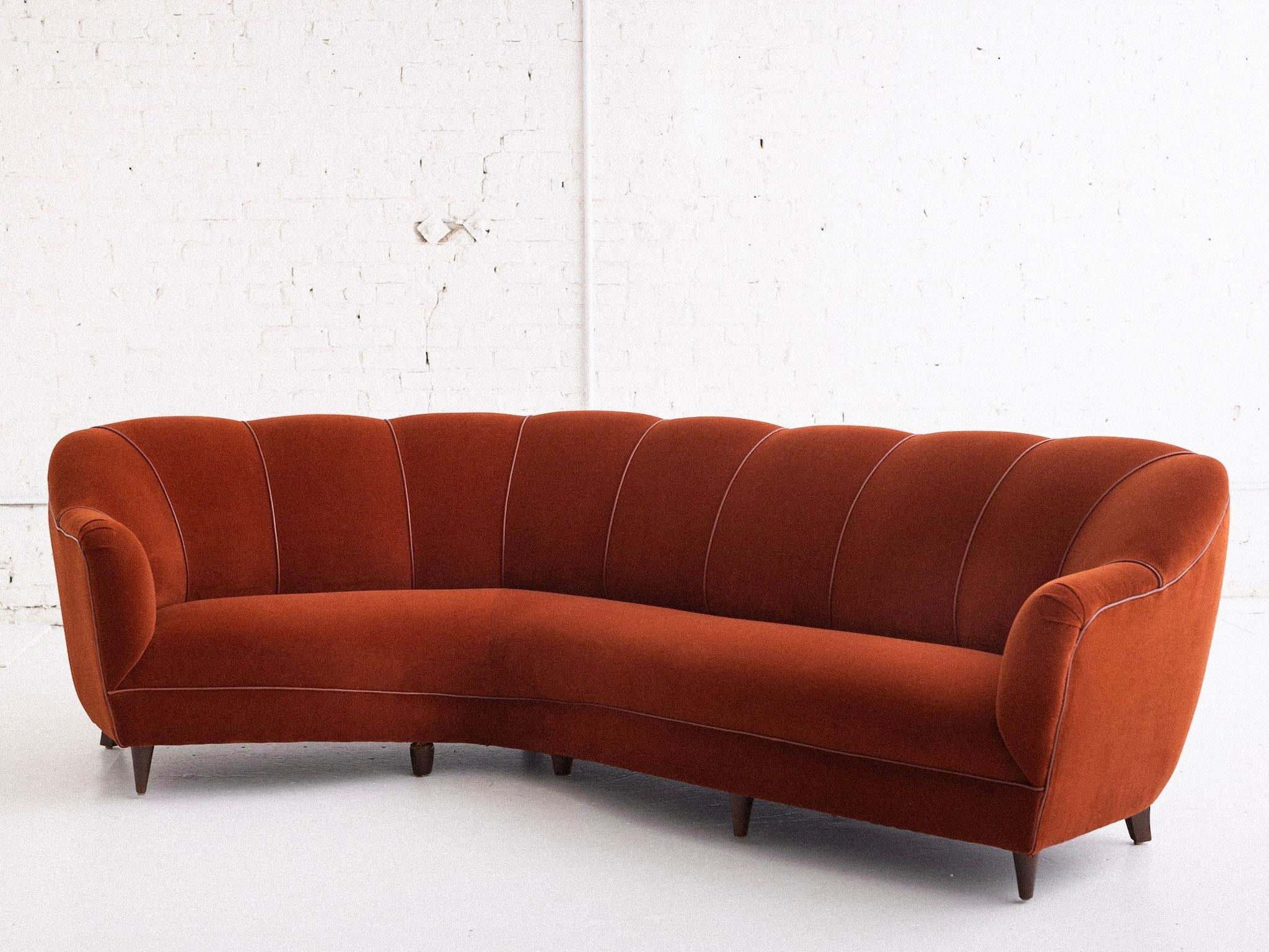 Midcentury Italian Channel Back Sofa in Velvet and Leather 9