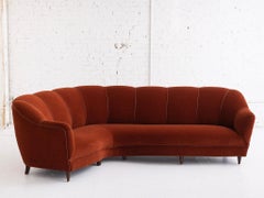 Midcentury Italian Channel Back Sofa in Velvet and Leather