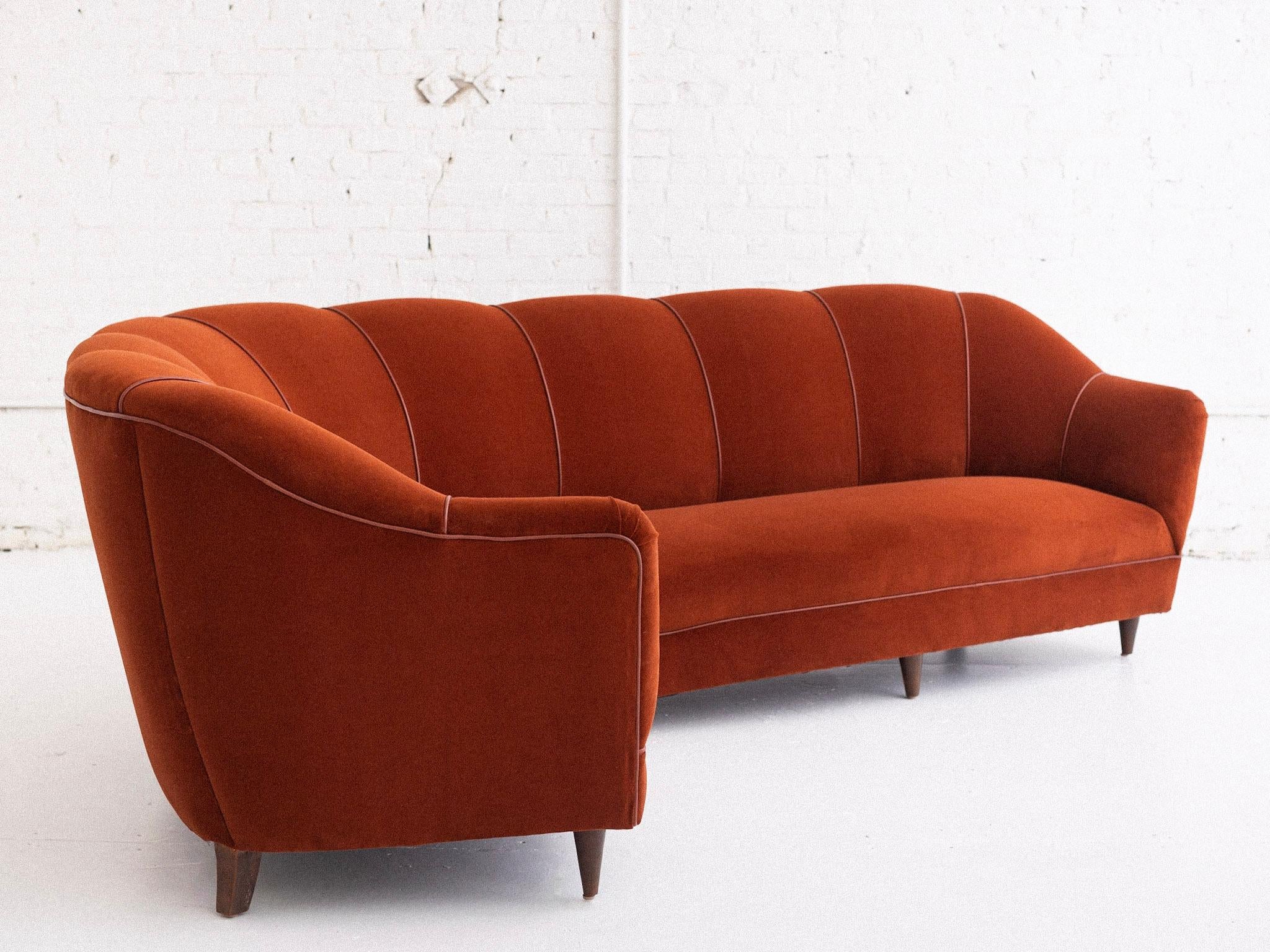 Midcentury Italian Channel Back Sofa in Velvet and Leather 3