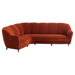 Midcentury Italian Channel Back Sofa in Velvet and Leather