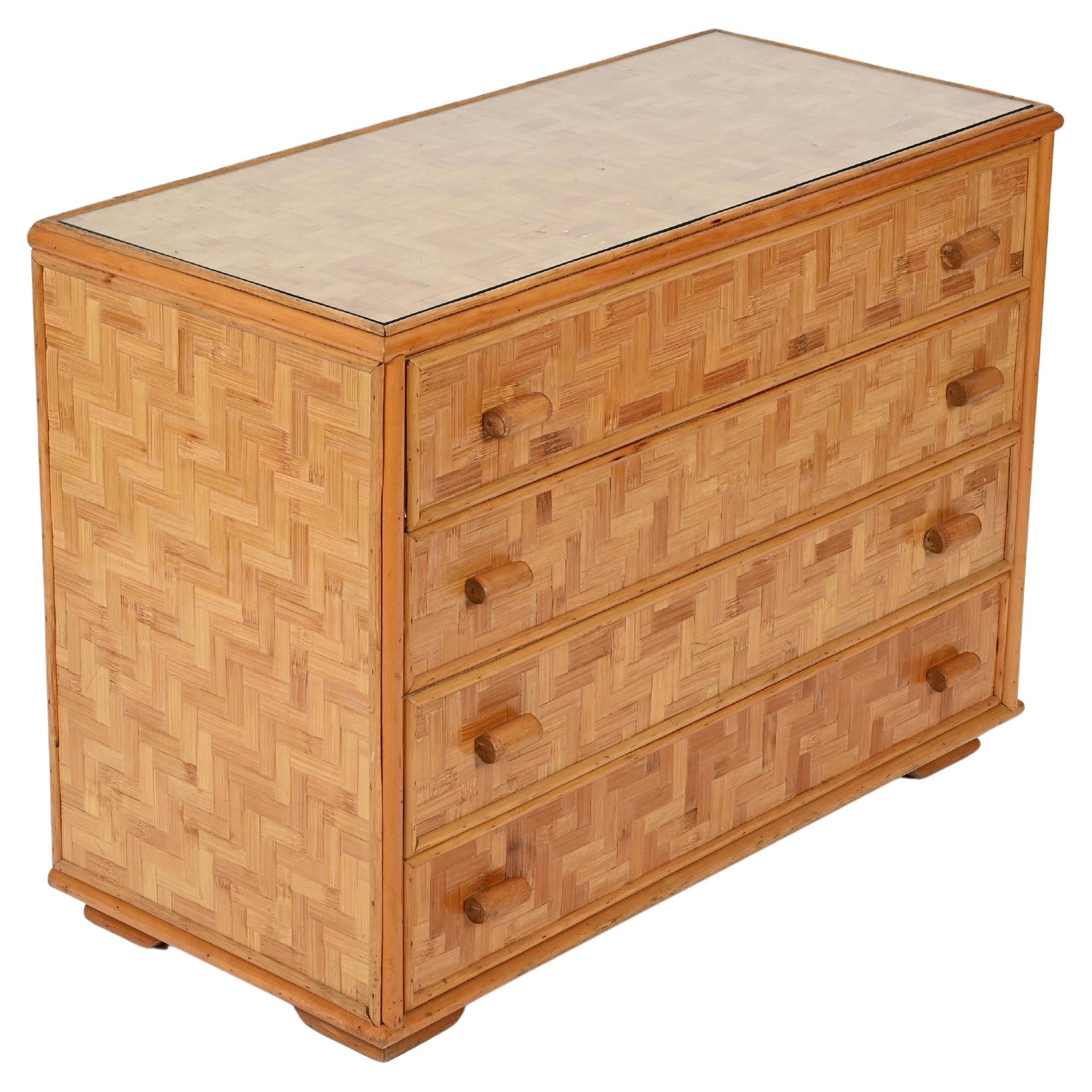 Mid-Century Italian Chest of Drawers in Rattan and Bamboo w/ Glass, Italy 1970s