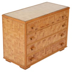 Mid-Century Italian Chest of Drawers in Rattan and Bamboo w/ Glass, Italy 1970s
