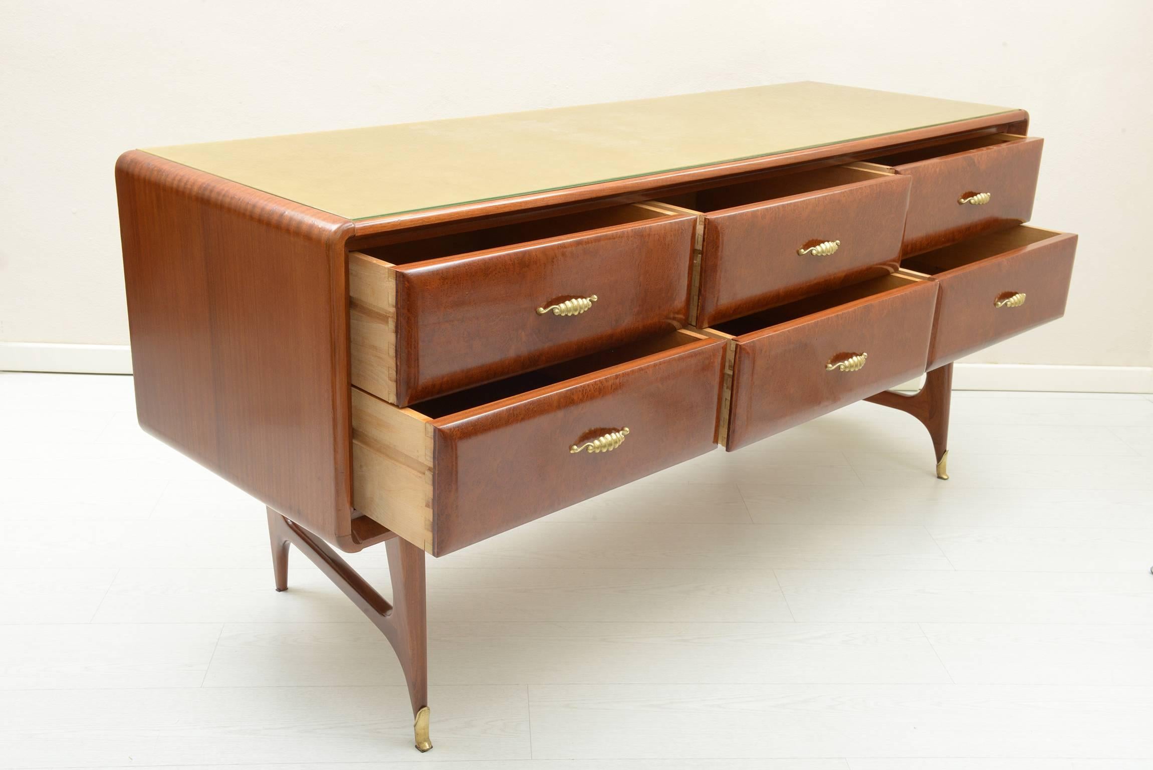 Mid-Century Modern Midcentury Italian Chest with Six Rounded Drawers, Cast Brass Handles and Feet