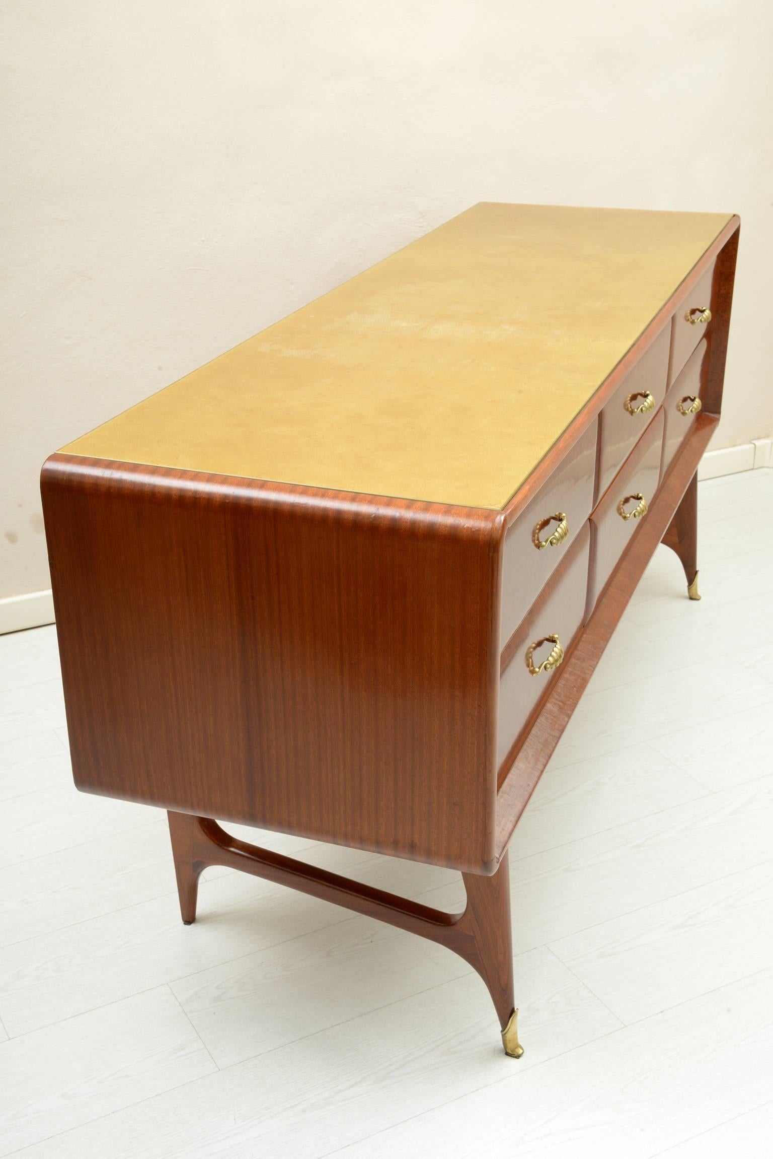 European Midcentury Italian Chest with Six Rounded Drawers, Cast Brass Handles and Feet