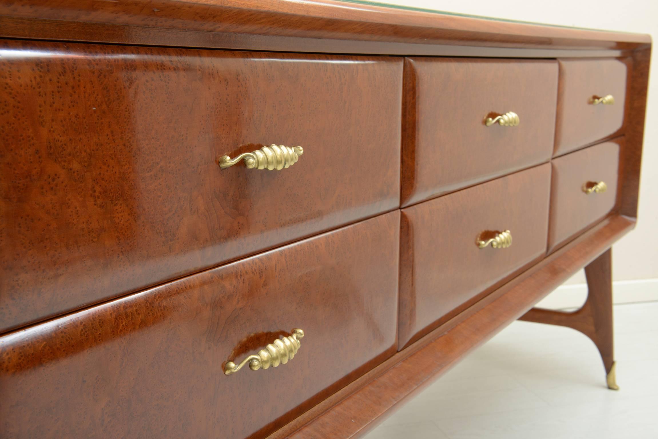 Wood Midcentury Italian Chest with Six Rounded Drawers, Cast Brass Handles and Feet