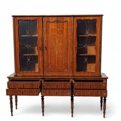 Mid-Century Italian China Cabinet or Vitrine with Inlaid Doors and Turned Legs
