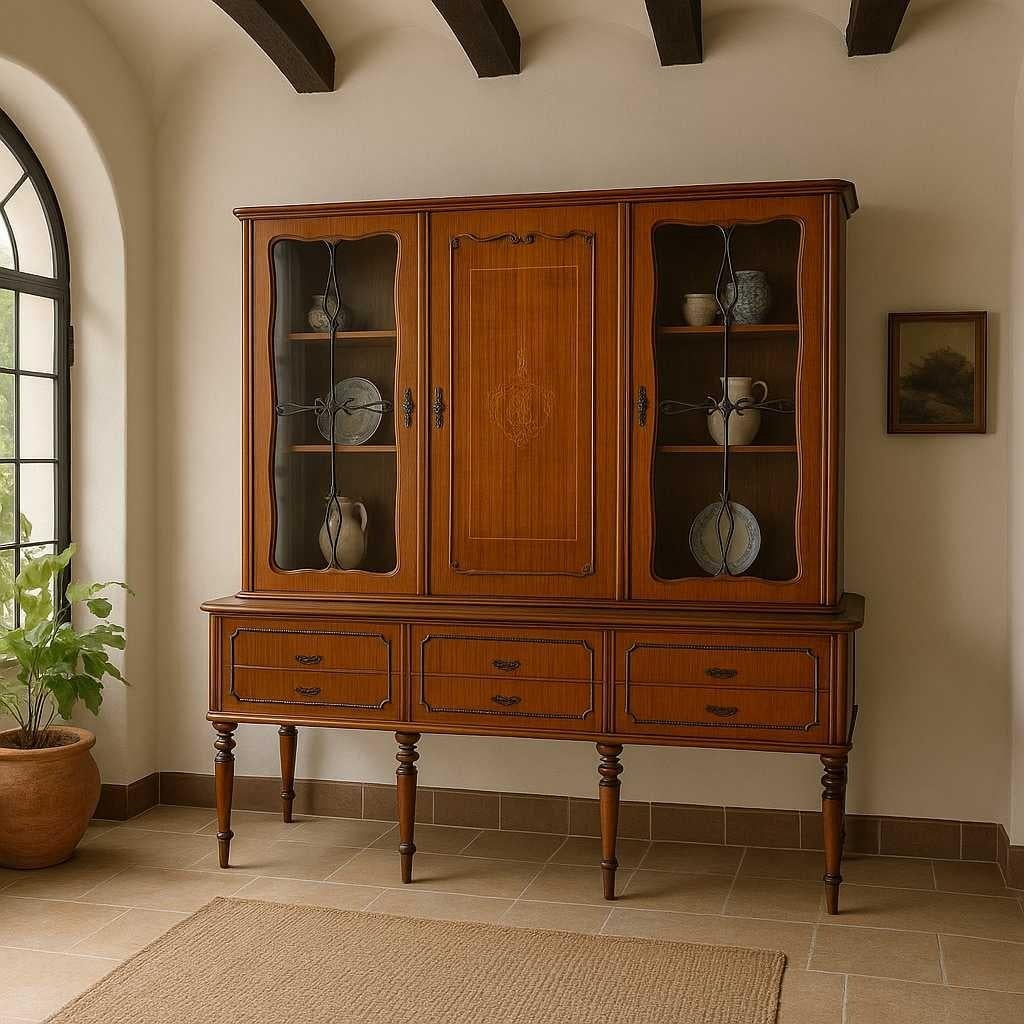 Neoclassico Armadietto o vetrina italiana di metà secolo con ante intarsiate e gambe tornite in vendita