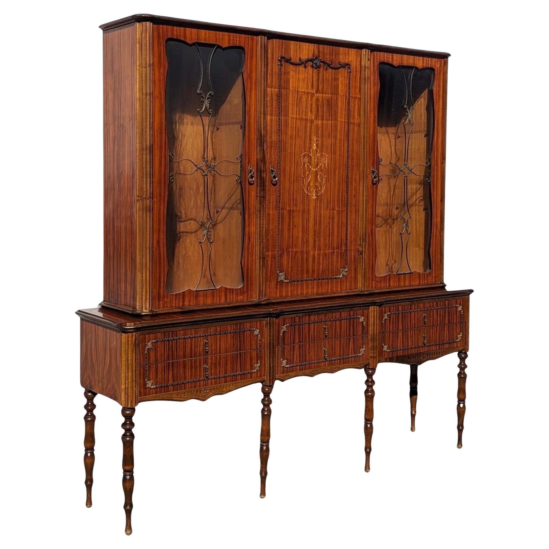 Mid-Century Italian China Cabinet or Vitrine with Inlaid Doors and Turned Legs