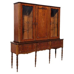 Mid-Century Italian China Cabinet or Vitrine with Inlaid Doors and Turned Legs