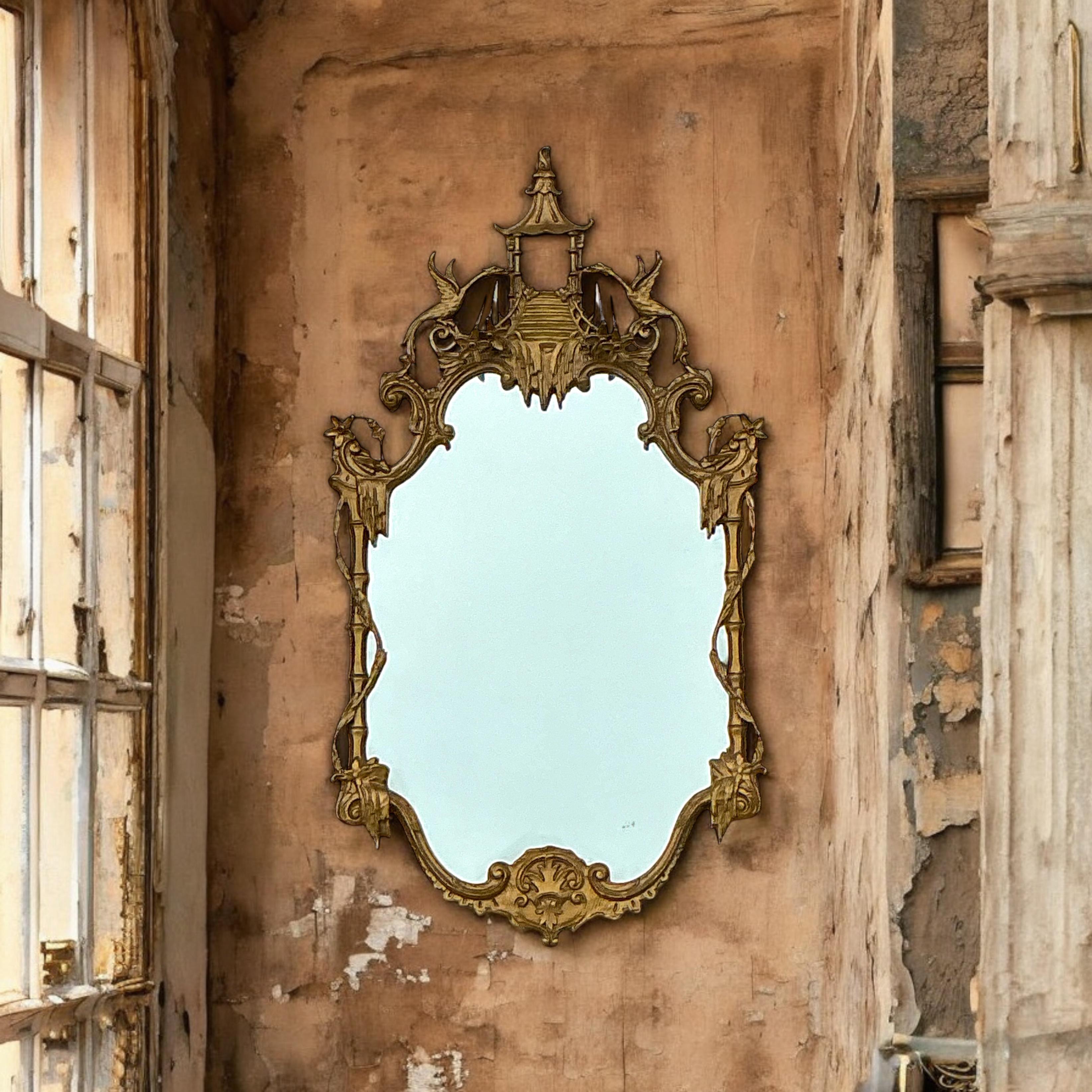 Mid-Century Italian Chinese Chippendale Style Pagoda Form Giltwood Mirror 4
