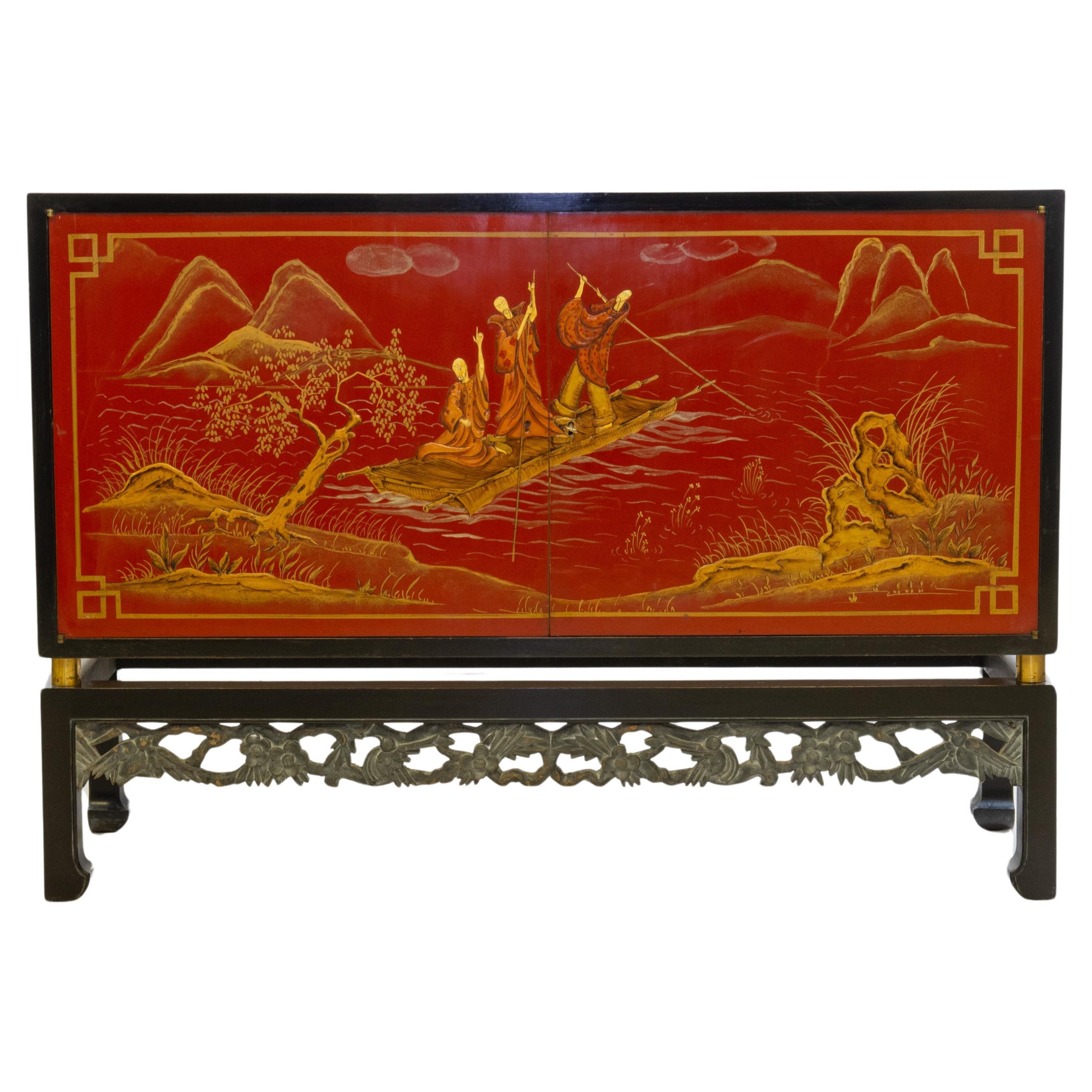 Mid Century Italian Chinoiserie Lacquered Sideboard Cabinet Circa 1950 For Sale