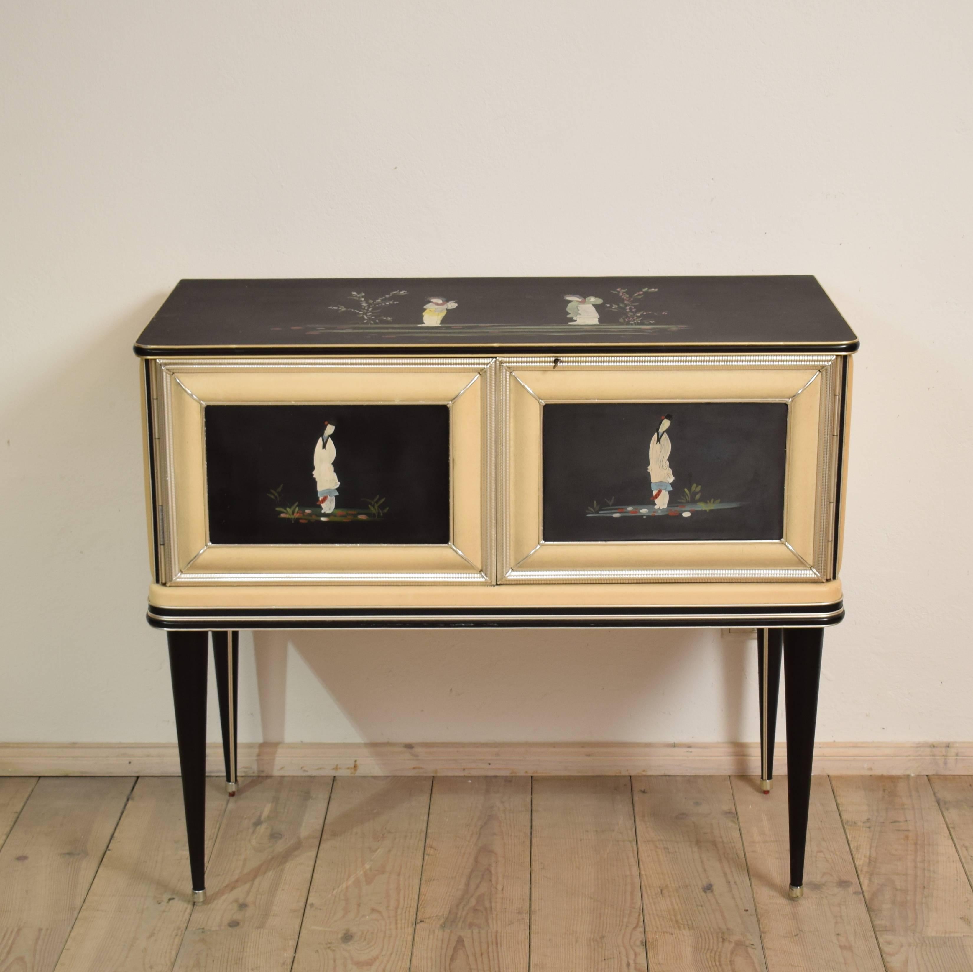 This Italian midcentury chinoiserie sideboard was designed by Umberto Mascagni in the 1950s. The anodized aluminum frame is covered in 