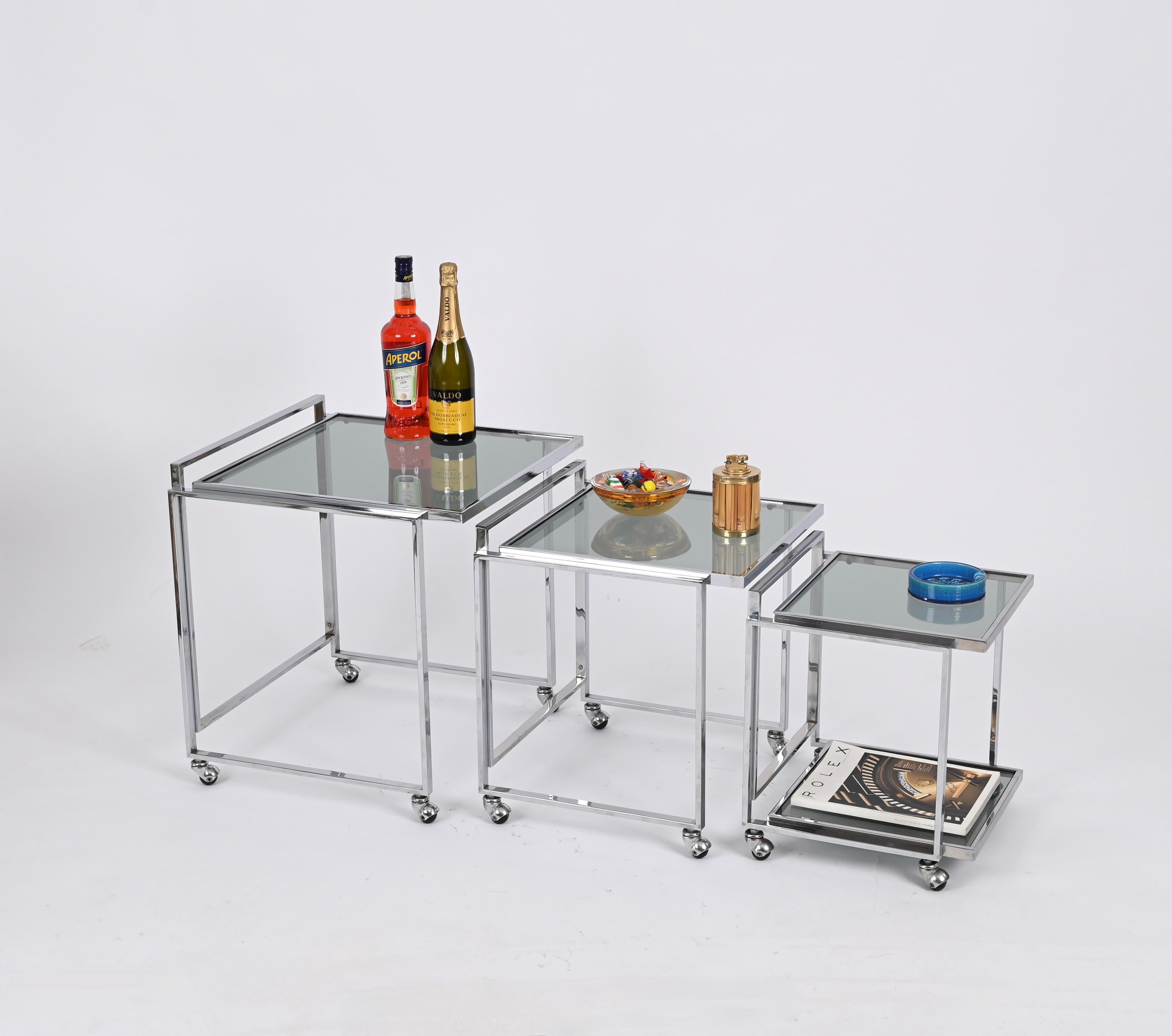 Mid-Century Modern Mid-Century Italian Chrome and Smoked Glass Nesting Cart Tables, 1970s For Sale