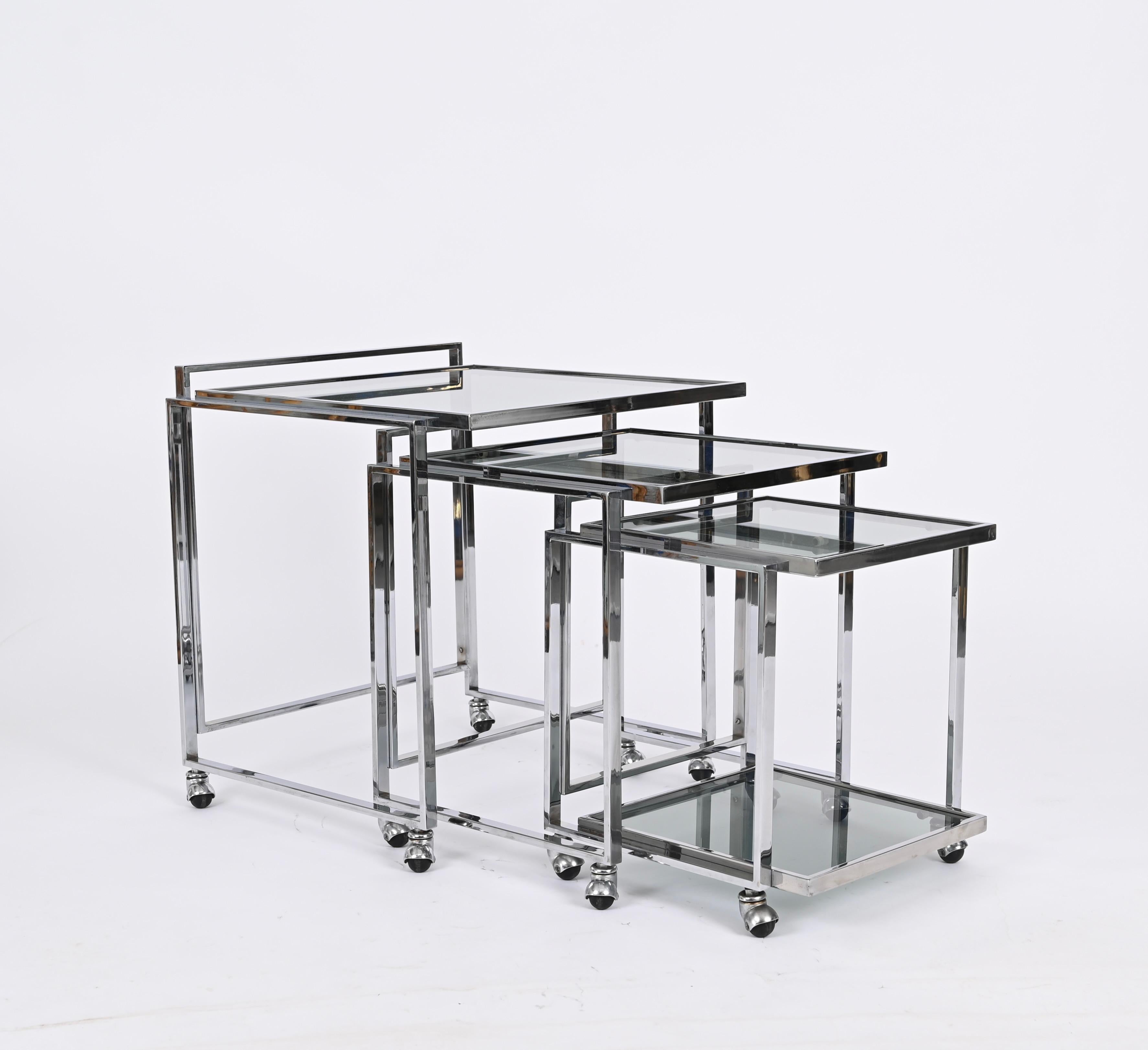 20th Century Mid-Century Italian Chrome and Smoked Glass Nesting Cart Tables, 1970s For Sale
