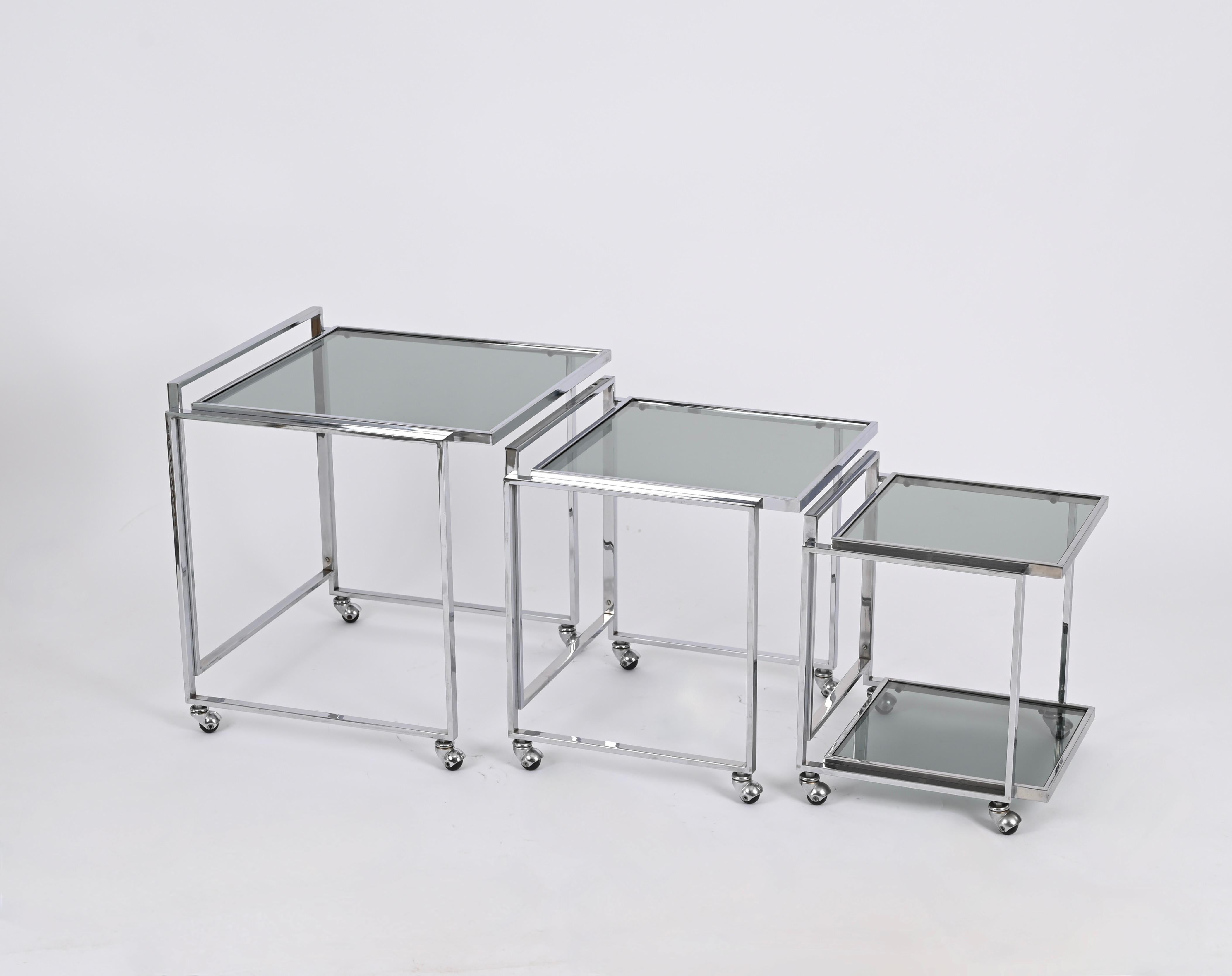 Metal Mid-Century Italian Chrome and Smoked Glass Nesting Cart Tables, 1970s For Sale