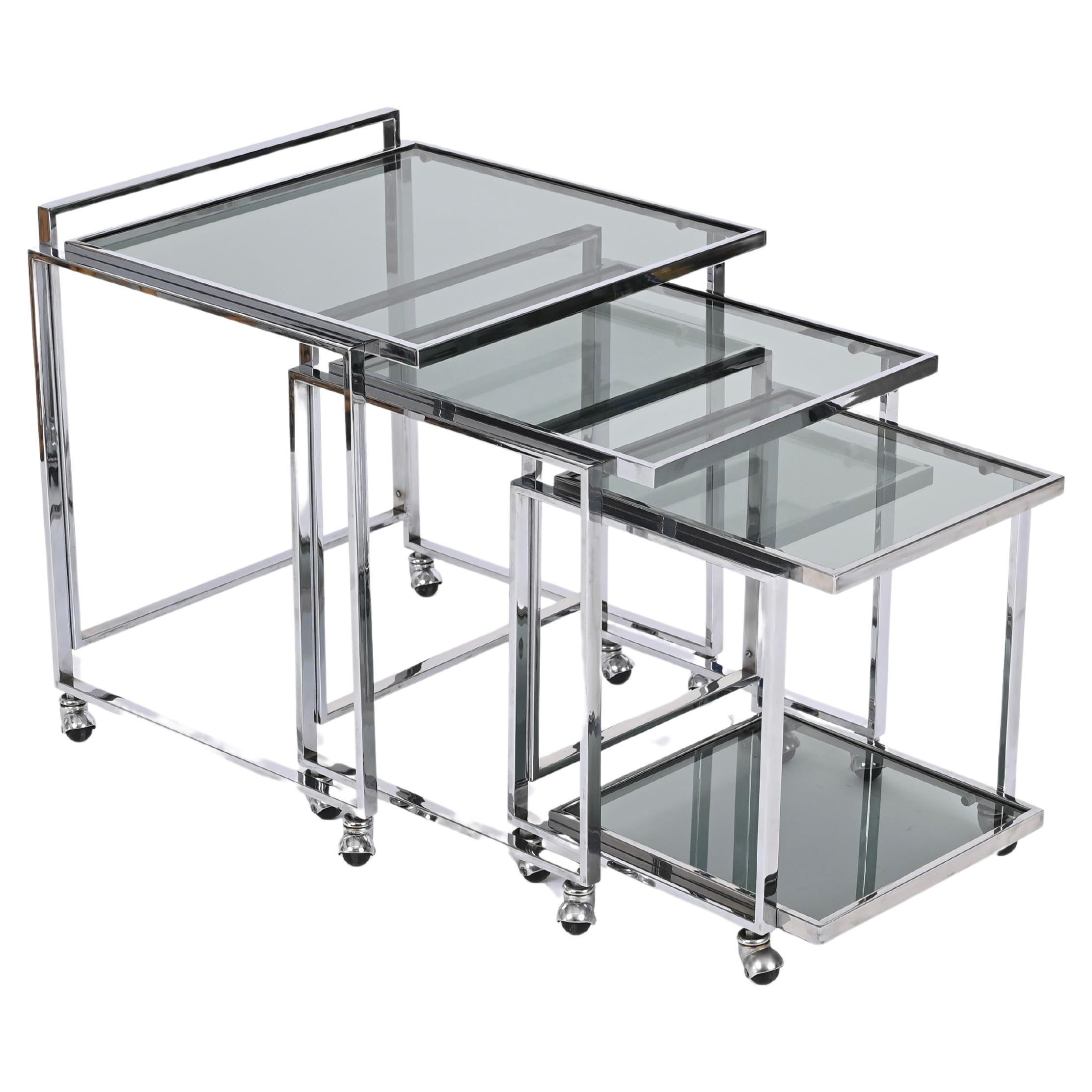 Mid-Century Italian Chrome and Smoked Glass Nesting Cart Tables, 1970s For Sale