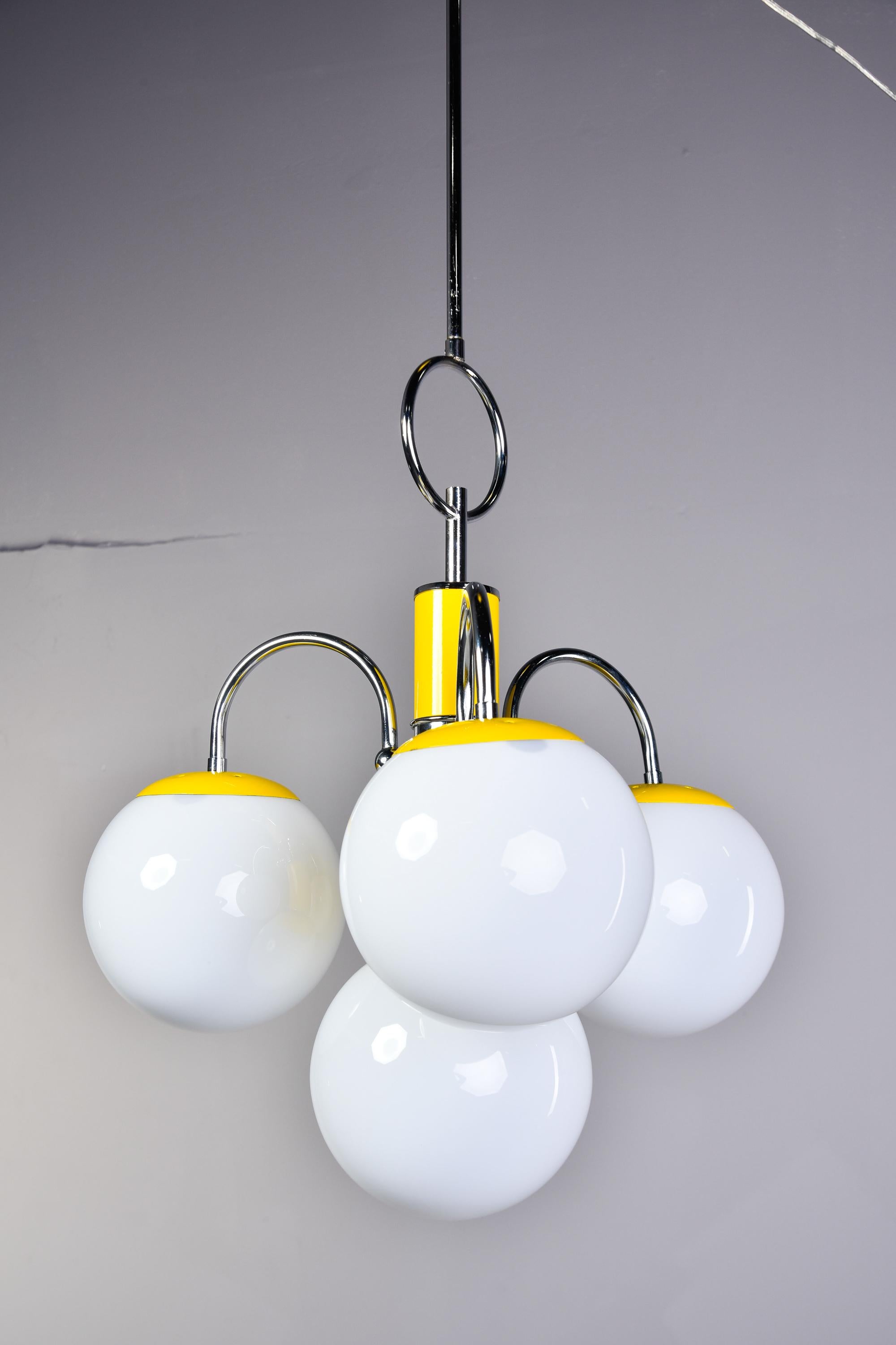 Midcentury Italian Chrome and Yellow Four Light Fixture For Sale 1