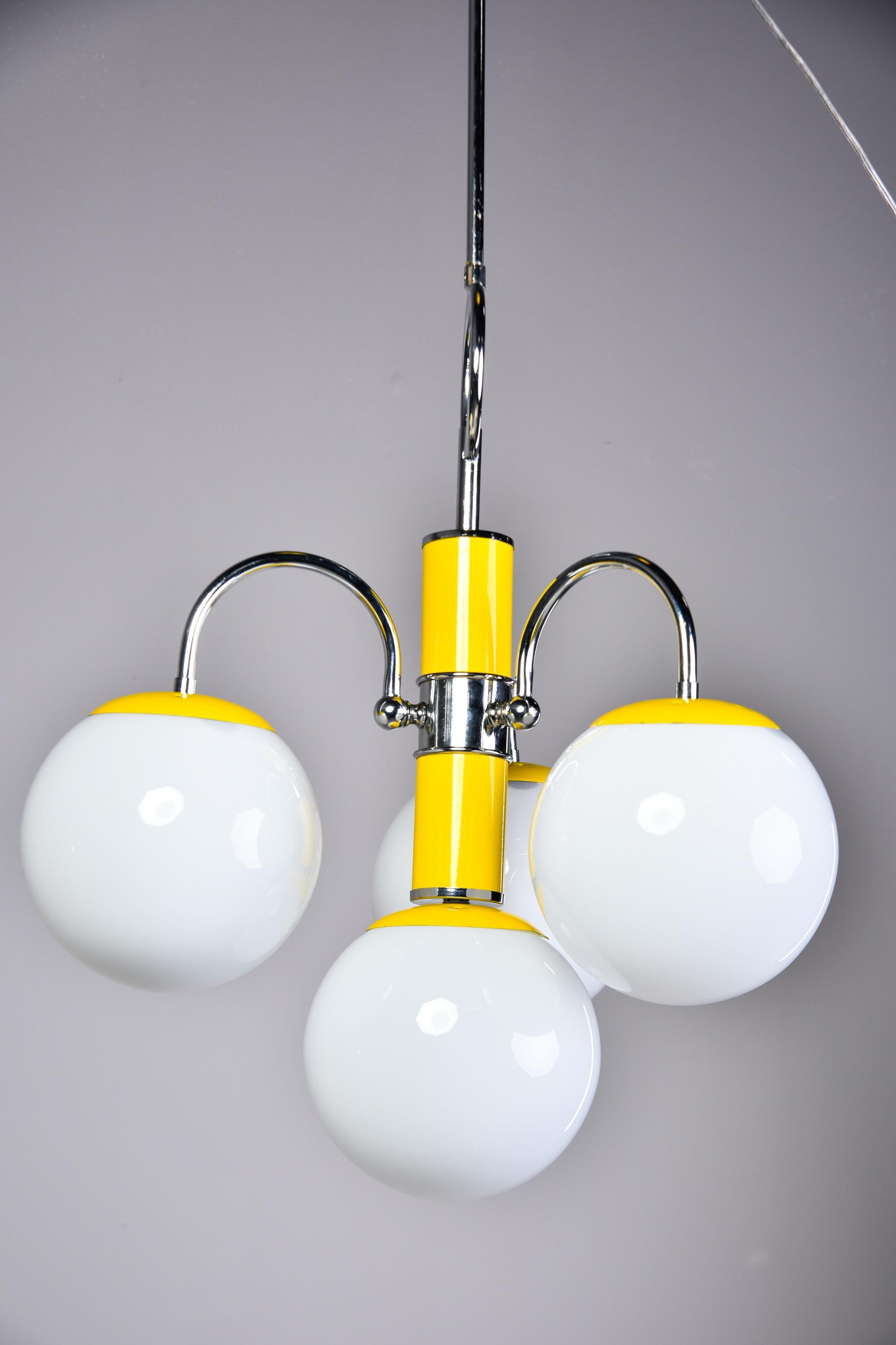 Midcentury Italian Chrome and Yellow Four Light Fixture For Sale 2