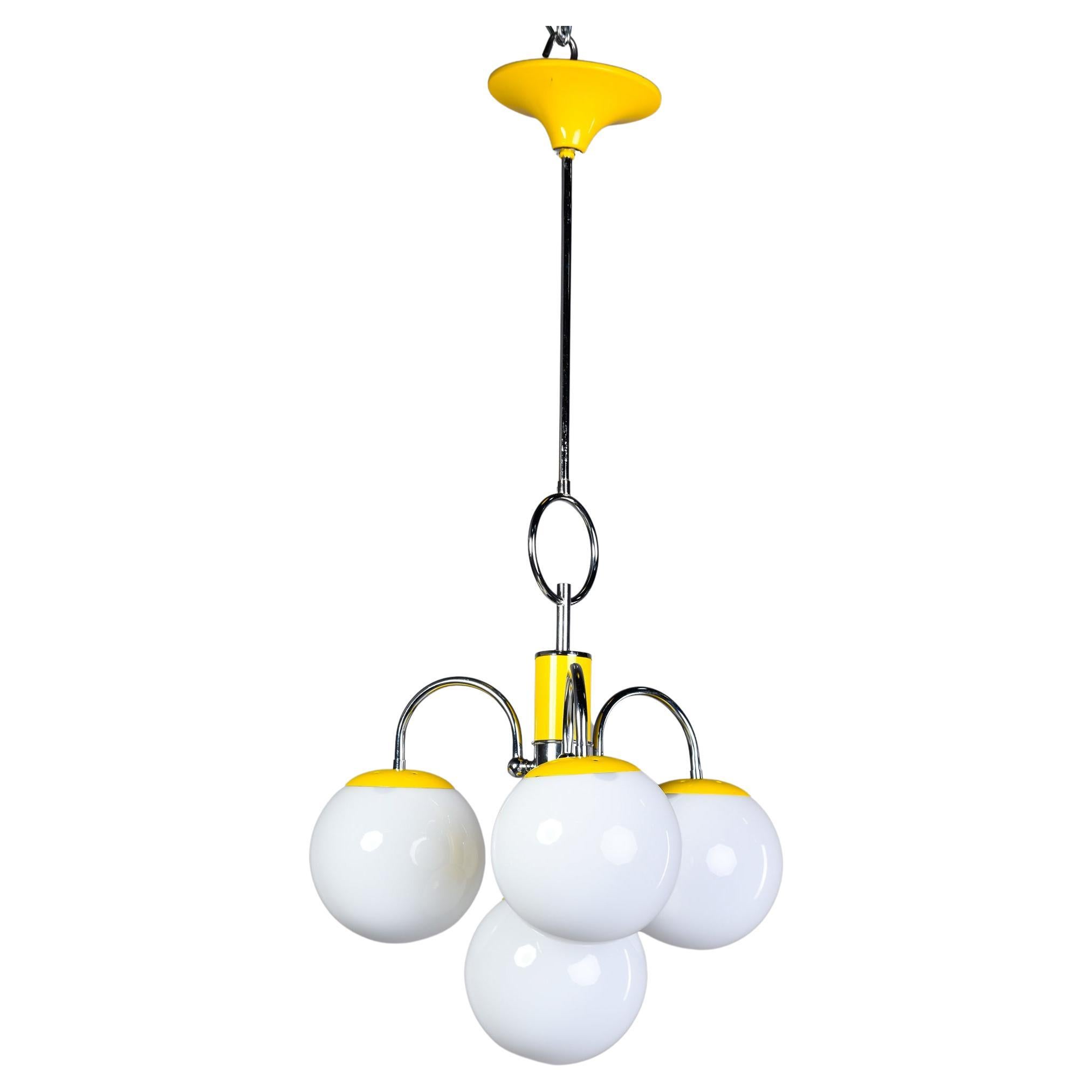 Midcentury Italian Chrome and Yellow Four Light Fixture For Sale