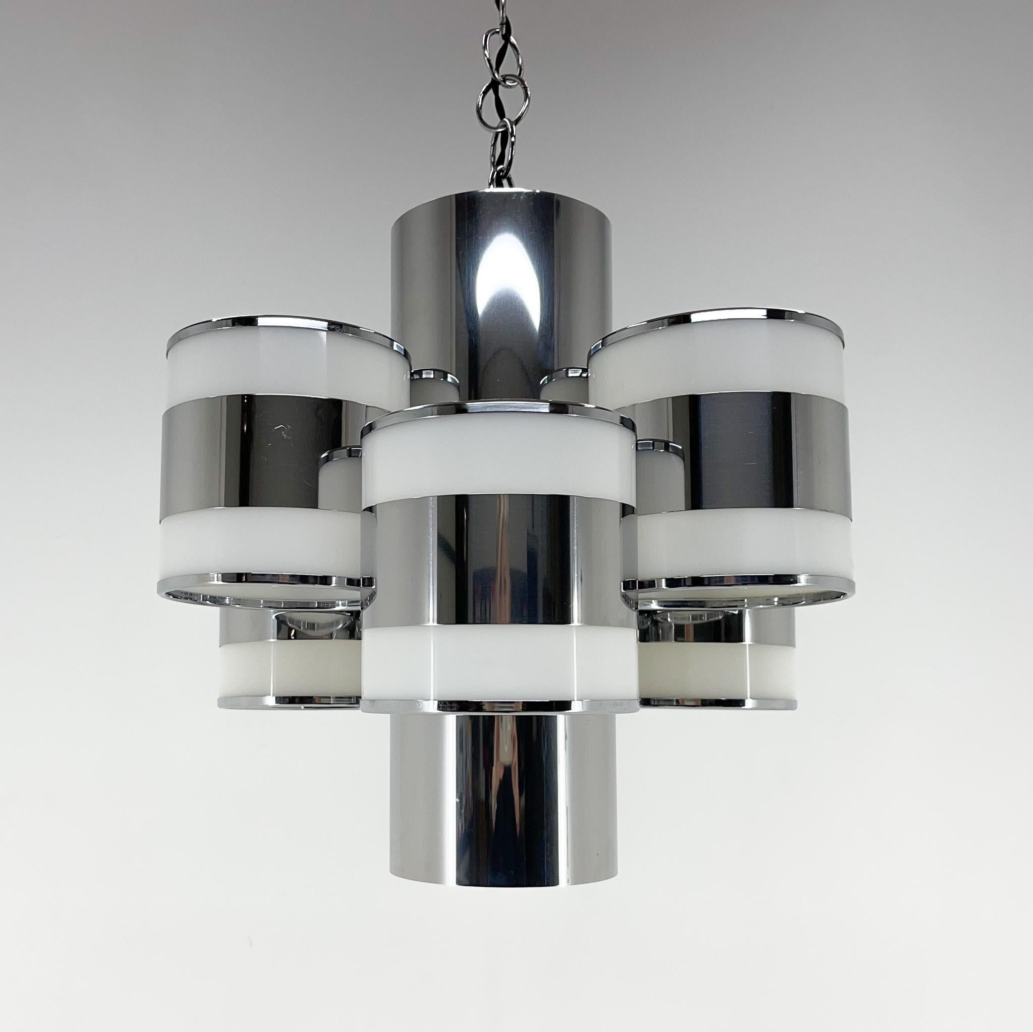 Vintage chrome & plastic chandelier produced in Italy in the 1960's. 
Bulbs: 6 x E14.