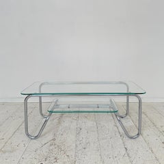 Mid Century Italian Chrome Coffee Table with Glass Top Bauhaus Style, 1970