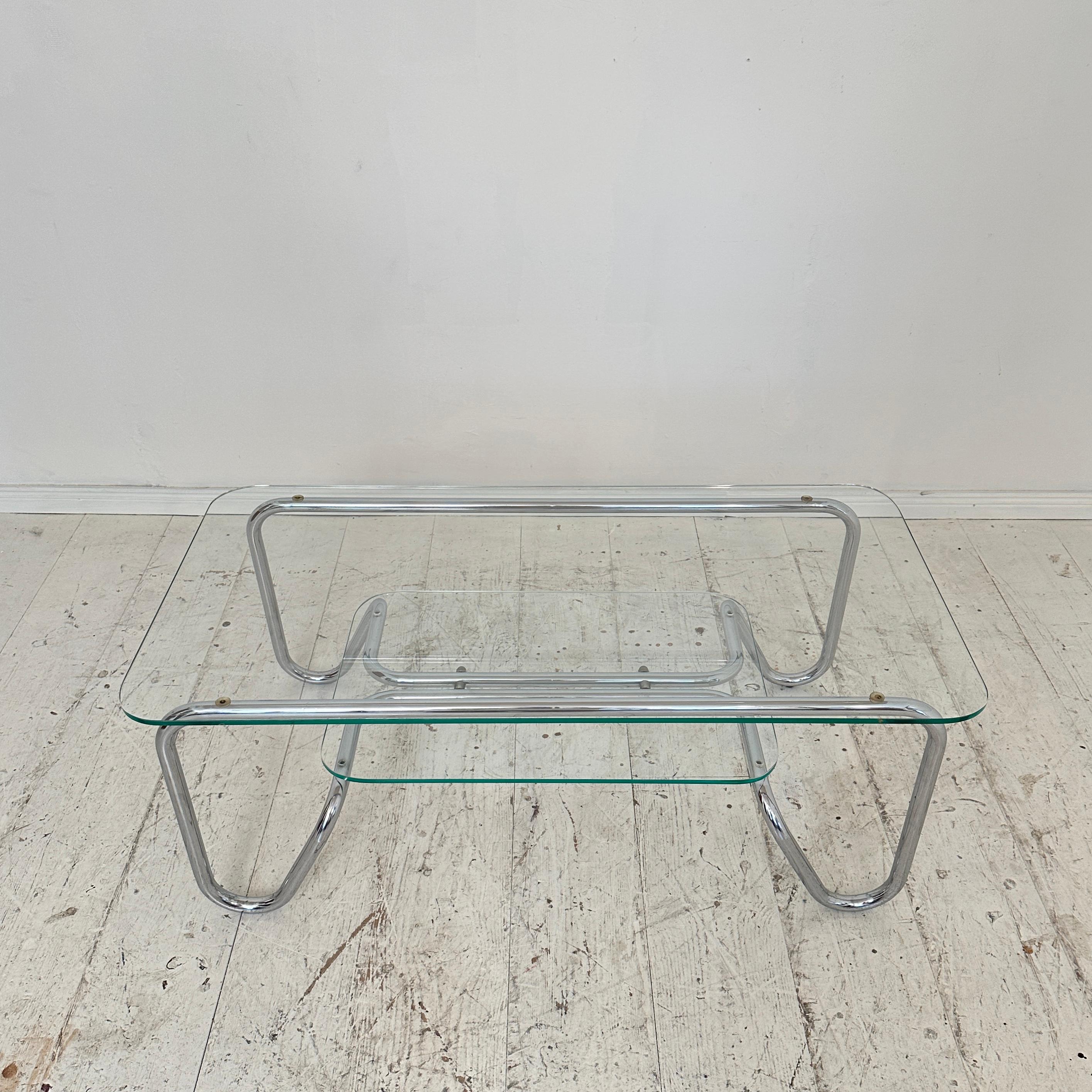 Late 20th Century Mid Century Italian Chrome Coffee Table with Glass Top Bauhaus Style, 1970 For Sale