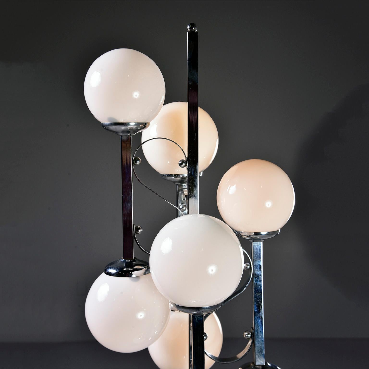 Midcentury Italian Chrome Floor Lamp with White Glass Globes In Good Condition In Troy, MI