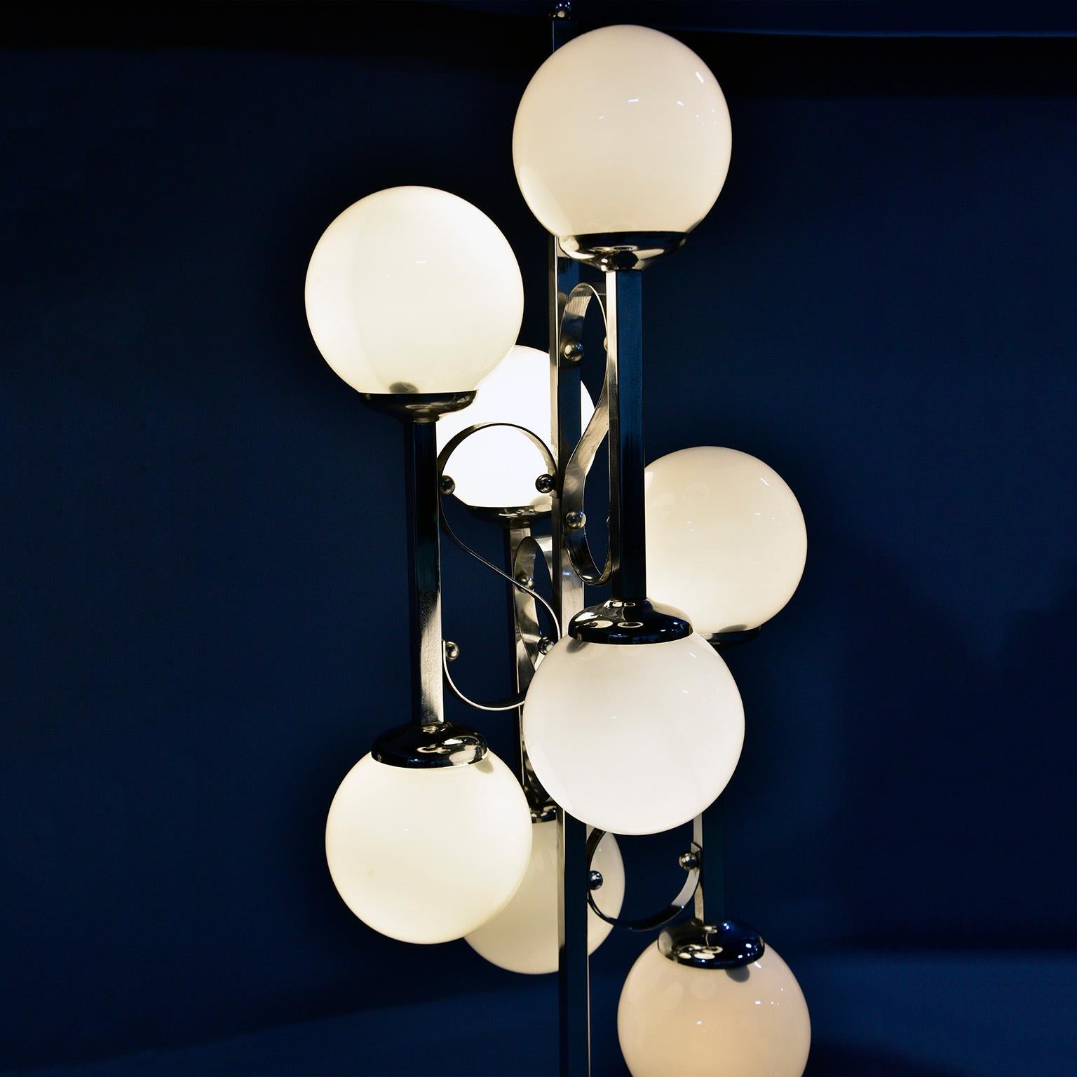 Midcentury Italian Chrome Floor Lamp with White Glass Globes 2