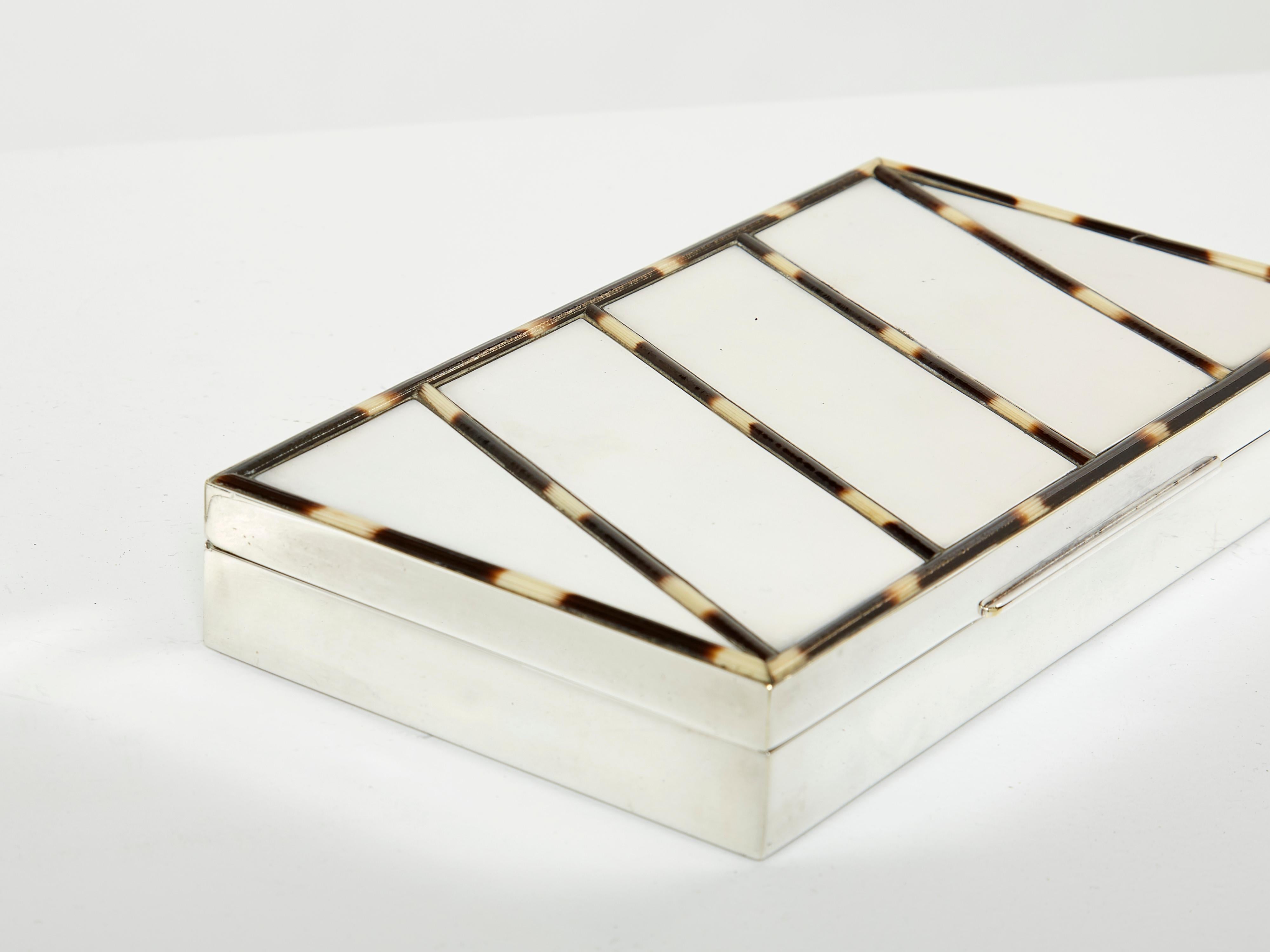 Mid-Century Italian Chrome Horn Stripes Veneer Jewellery Box, 1970 In Good Condition For Sale In Paris, IDF