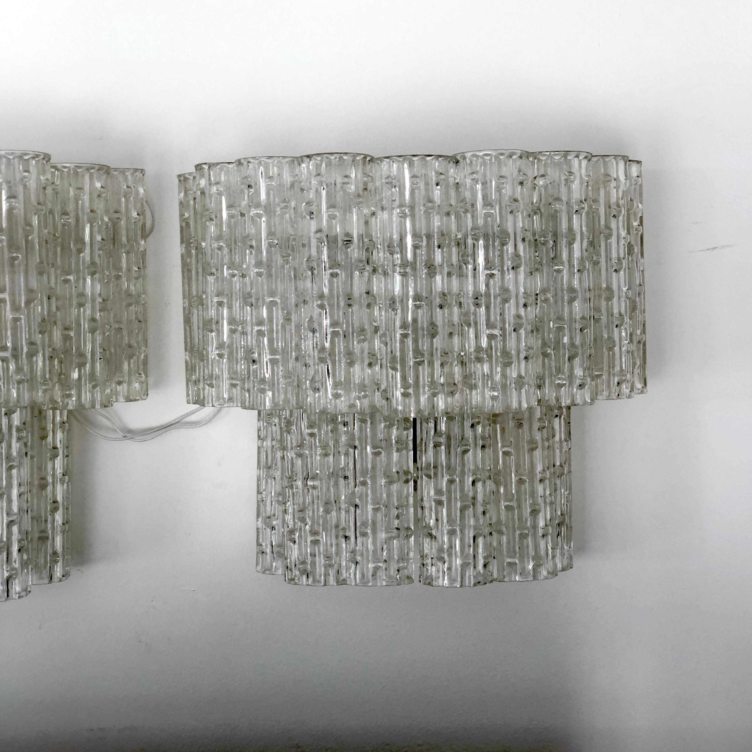 Brass Mid-Century Italian Clear Murano Glass Sconces, Set of Two For Sale
