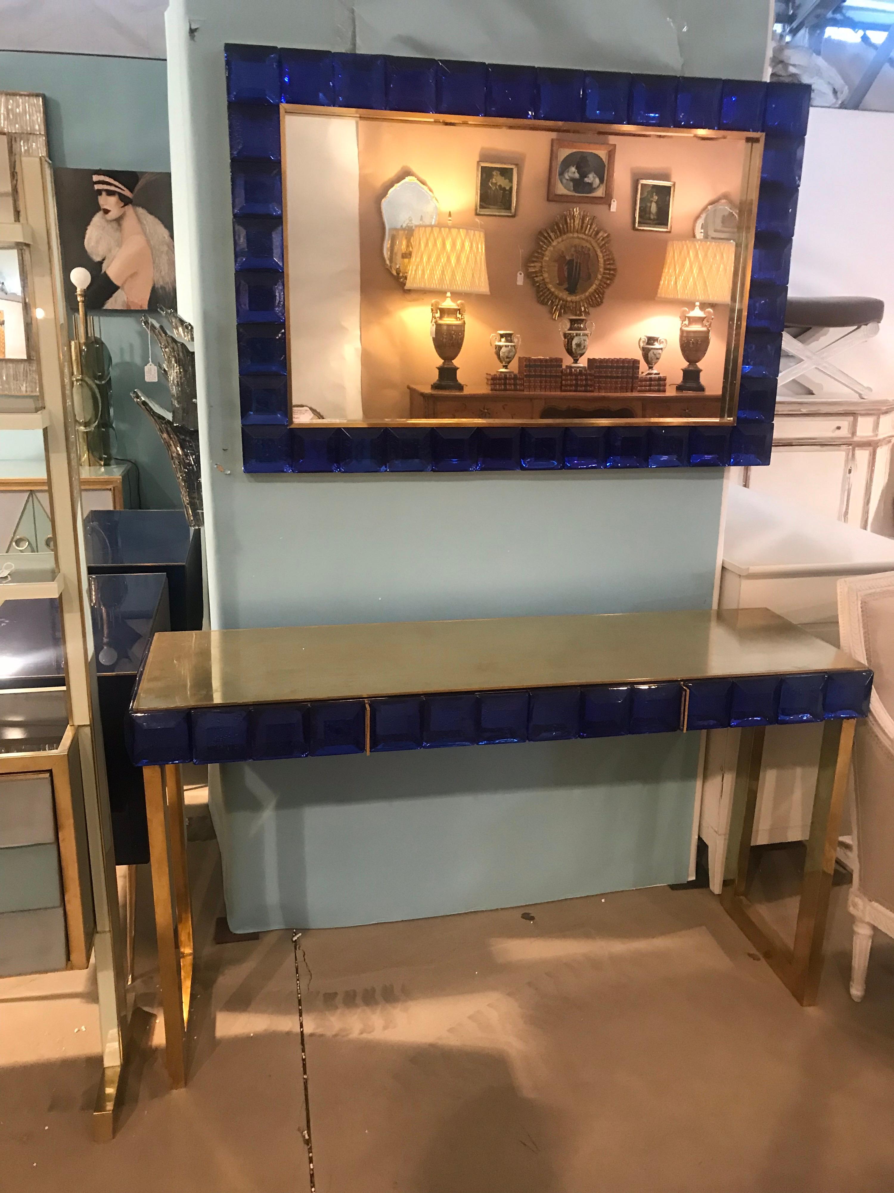 Mid-Century Modern Midcentury Italian Cobalt Blue Glass and Brass Console Table