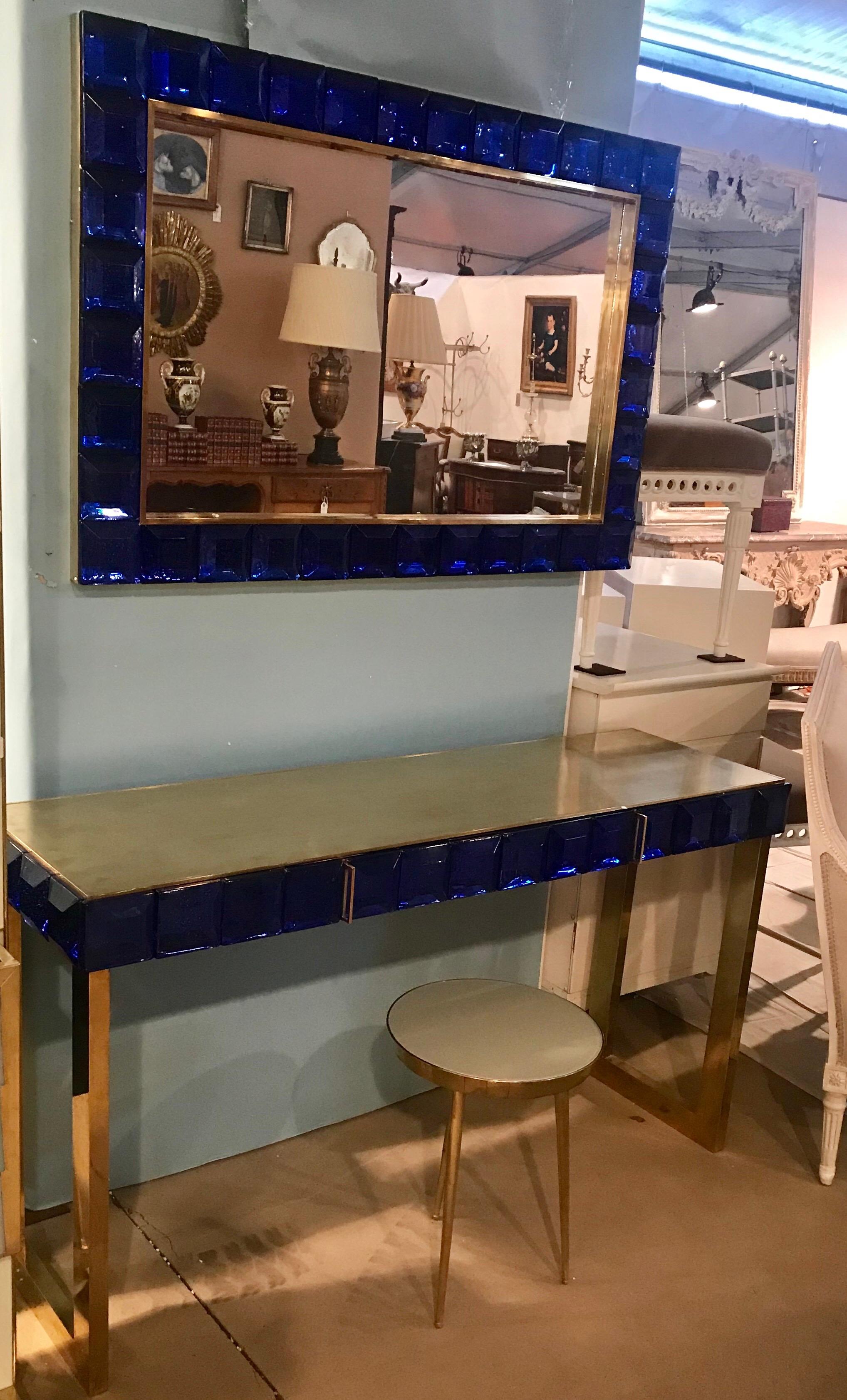 Midcentury Italian Cobalt Blue Glass and Brass Console Table In Good Condition In Miami, FL