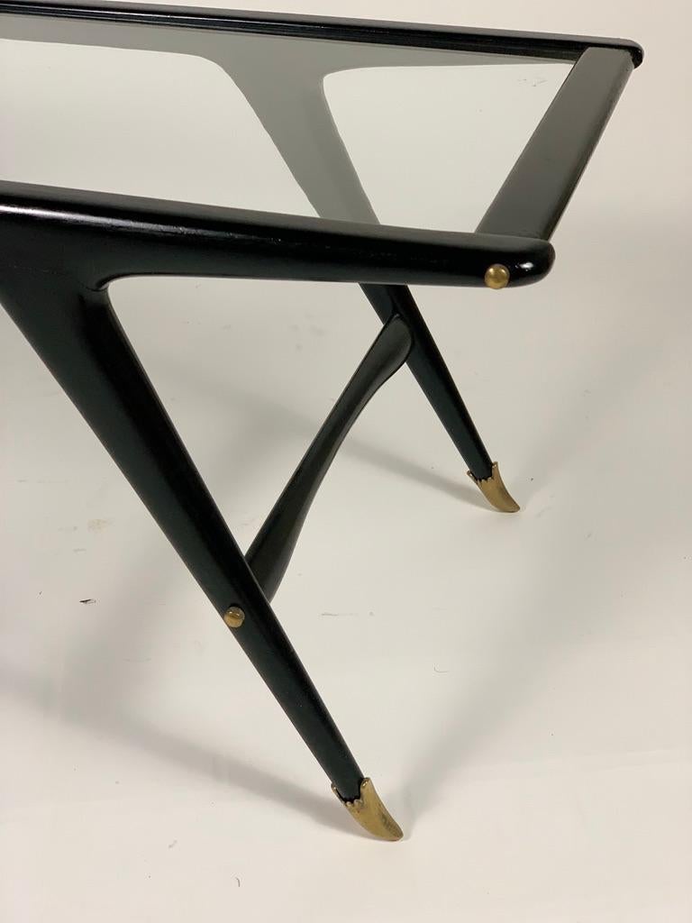 Midcentury Italian Coffee Table Black Lacquered Wood Brass Details Glass Top 5
