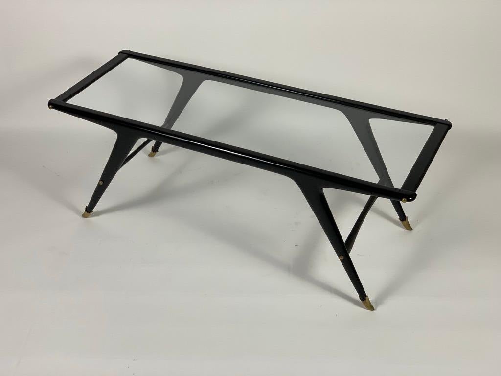 Mid-Century Modern Midcentury Italian Coffee Table Black Lacquered Wood Brass Details Glass Top